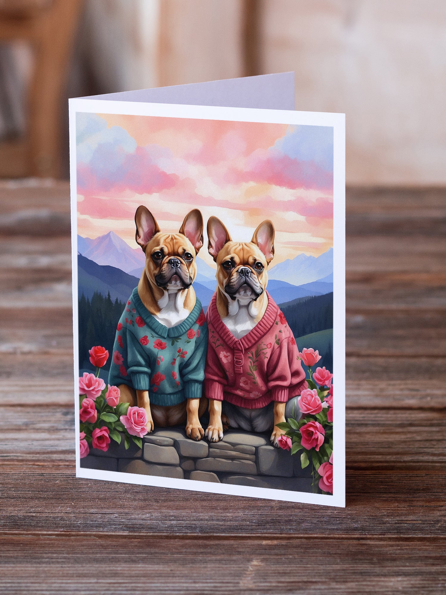 French Bulldog Two Hearts Greeting Cards Pack of 8