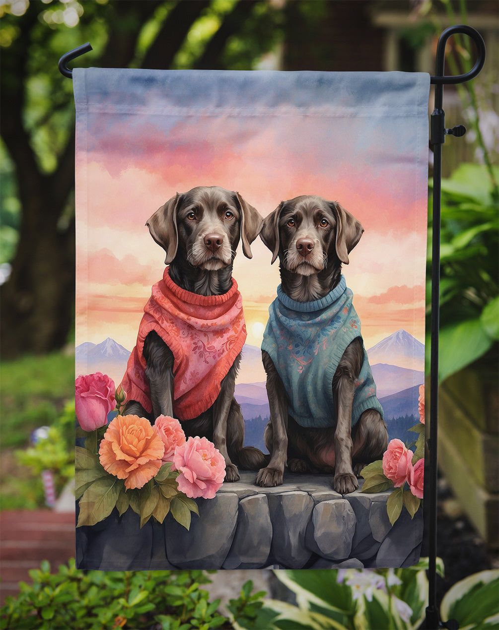 German Wirehaired Pointer Two Hearts Garden Flag