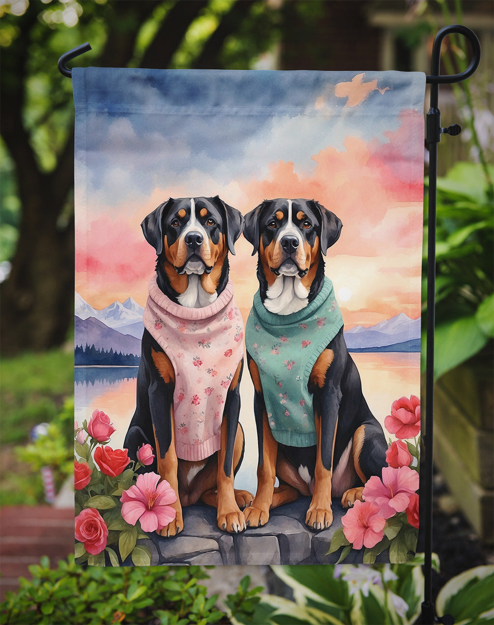 Greater Swiss Mountain Dog Two Hearts Garden Flag