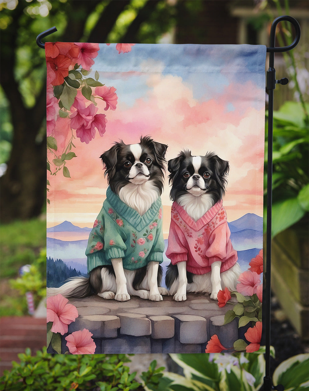 Japanese Chin Two Hearts Garden Flag
