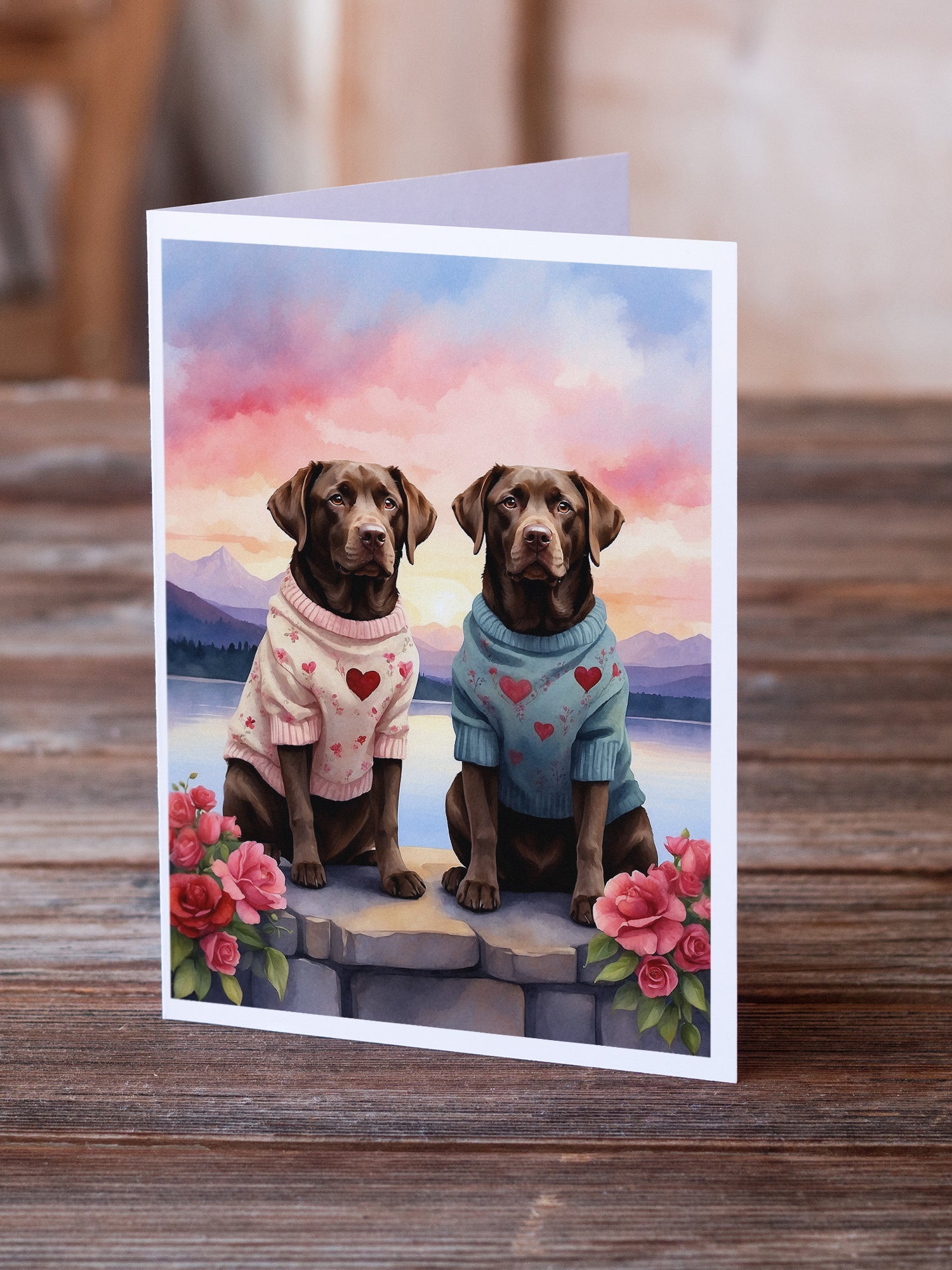 Chocolate Labrador Retriever Two Hearts Greeting Cards Pack of 8