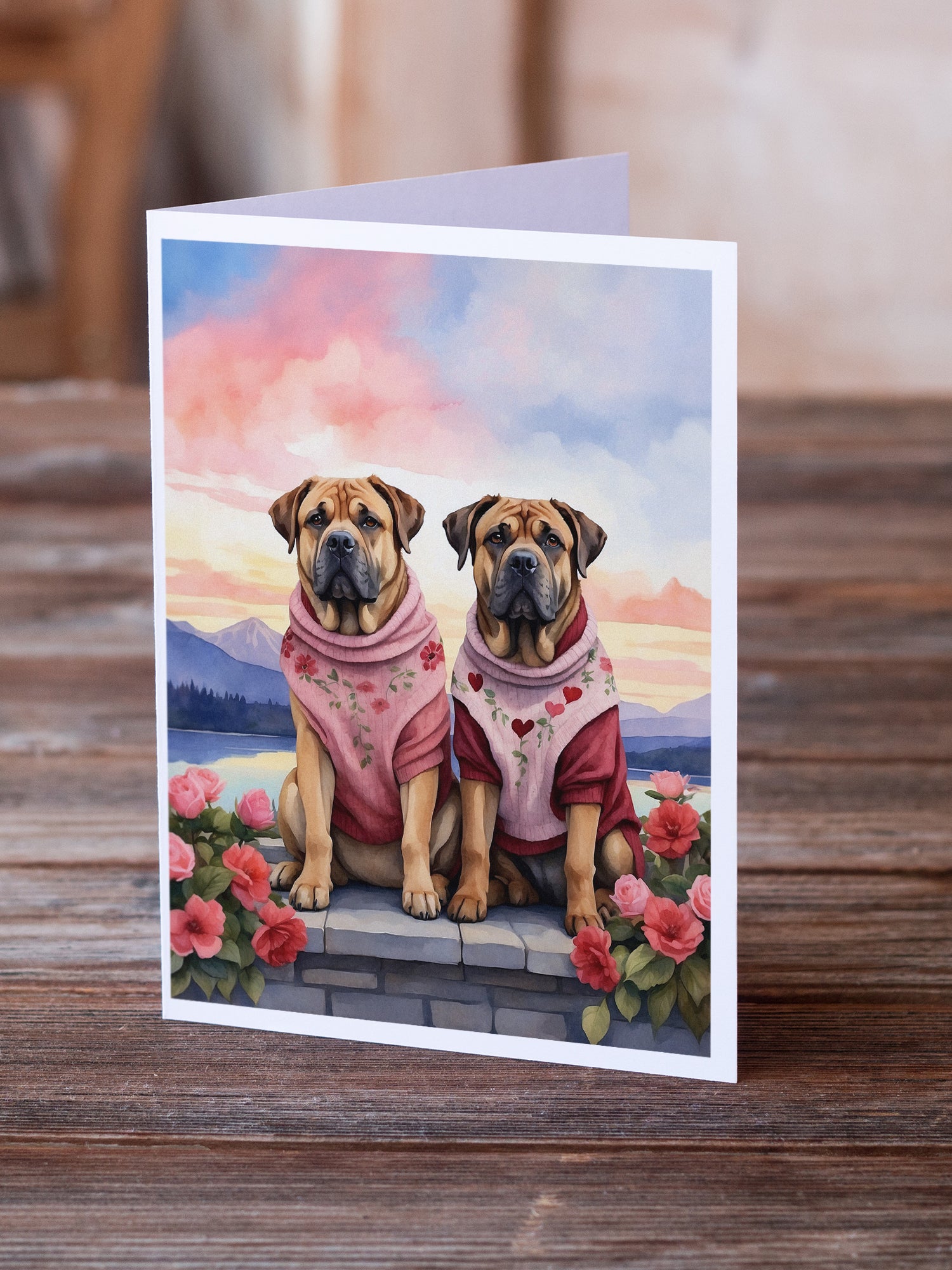 Mastiff Two Hearts Greeting Cards Pack of 8