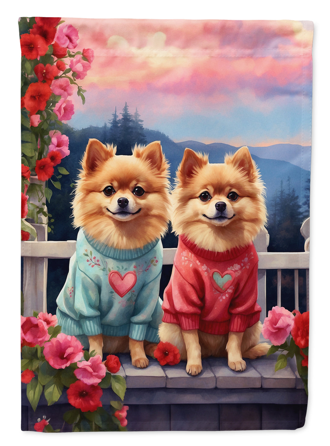 Buy this Pomeranian Two Hearts House Flag