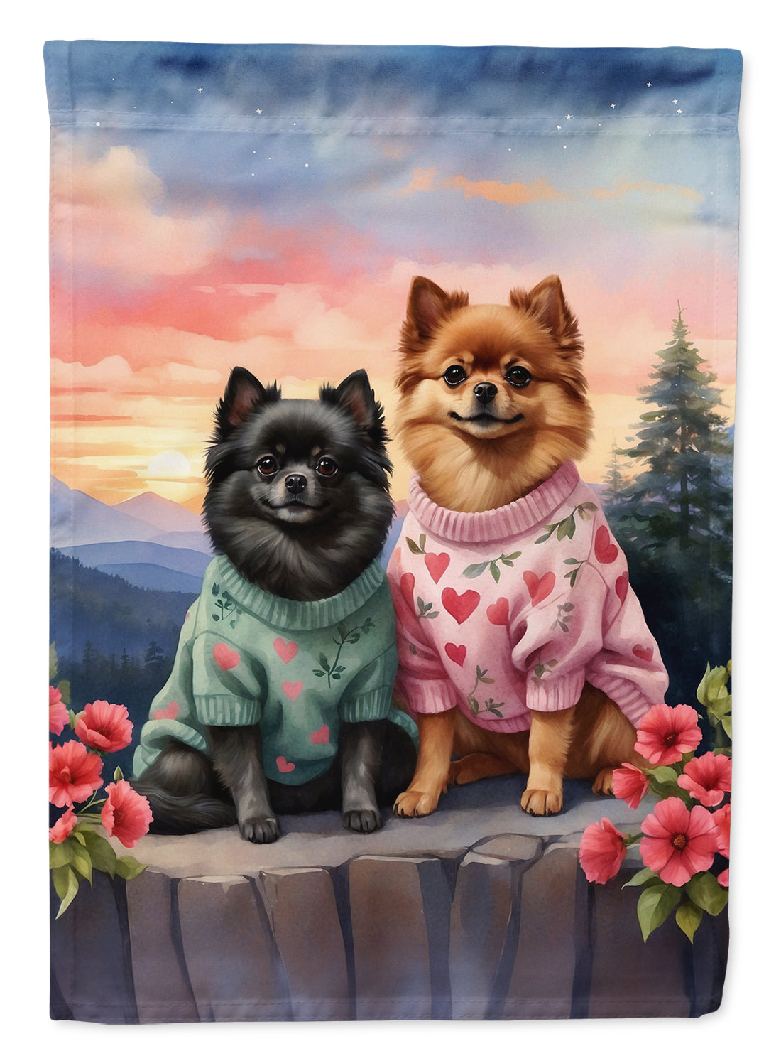 Buy this Pomeranian Two Hearts House Flag