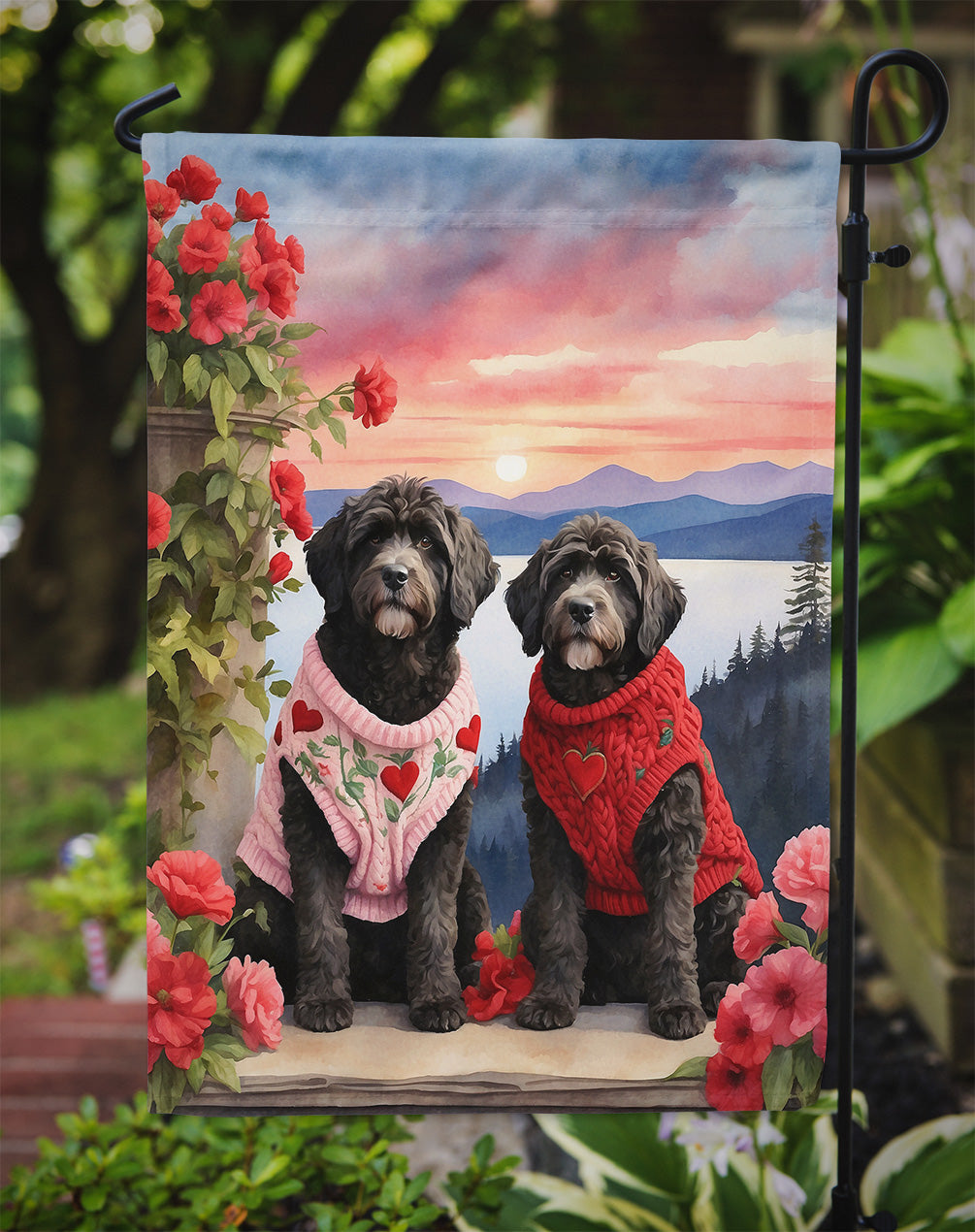 Portuguese Water Dog Two Hearts Garden Flag