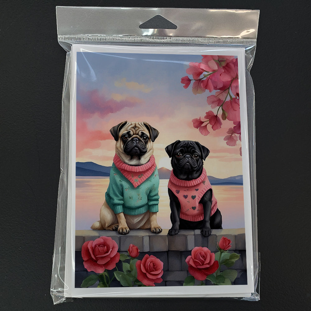 Pug Two Hearts Greeting Cards Pack of 8