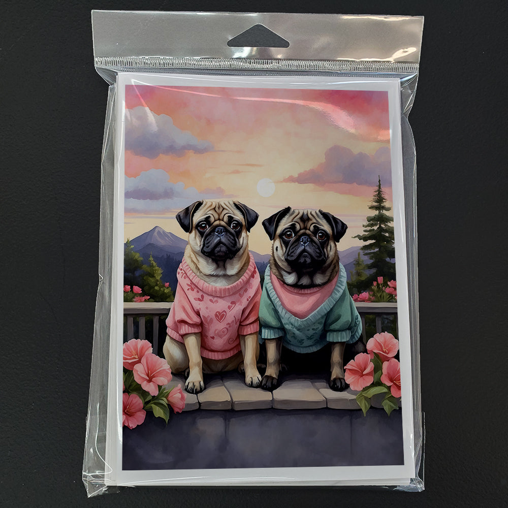 Pug Two Hearts Greeting Cards Pack of 8