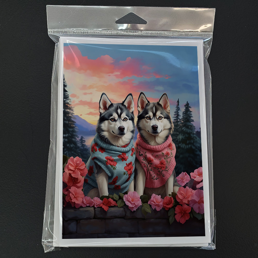 Siberian Husky Two Hearts Greeting Cards Pack of 8