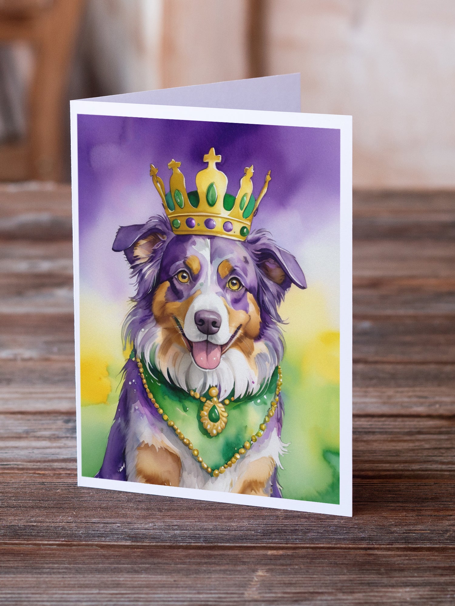 Australian Shepherd King of Mardi Gras Greeting Cards Pack of 8