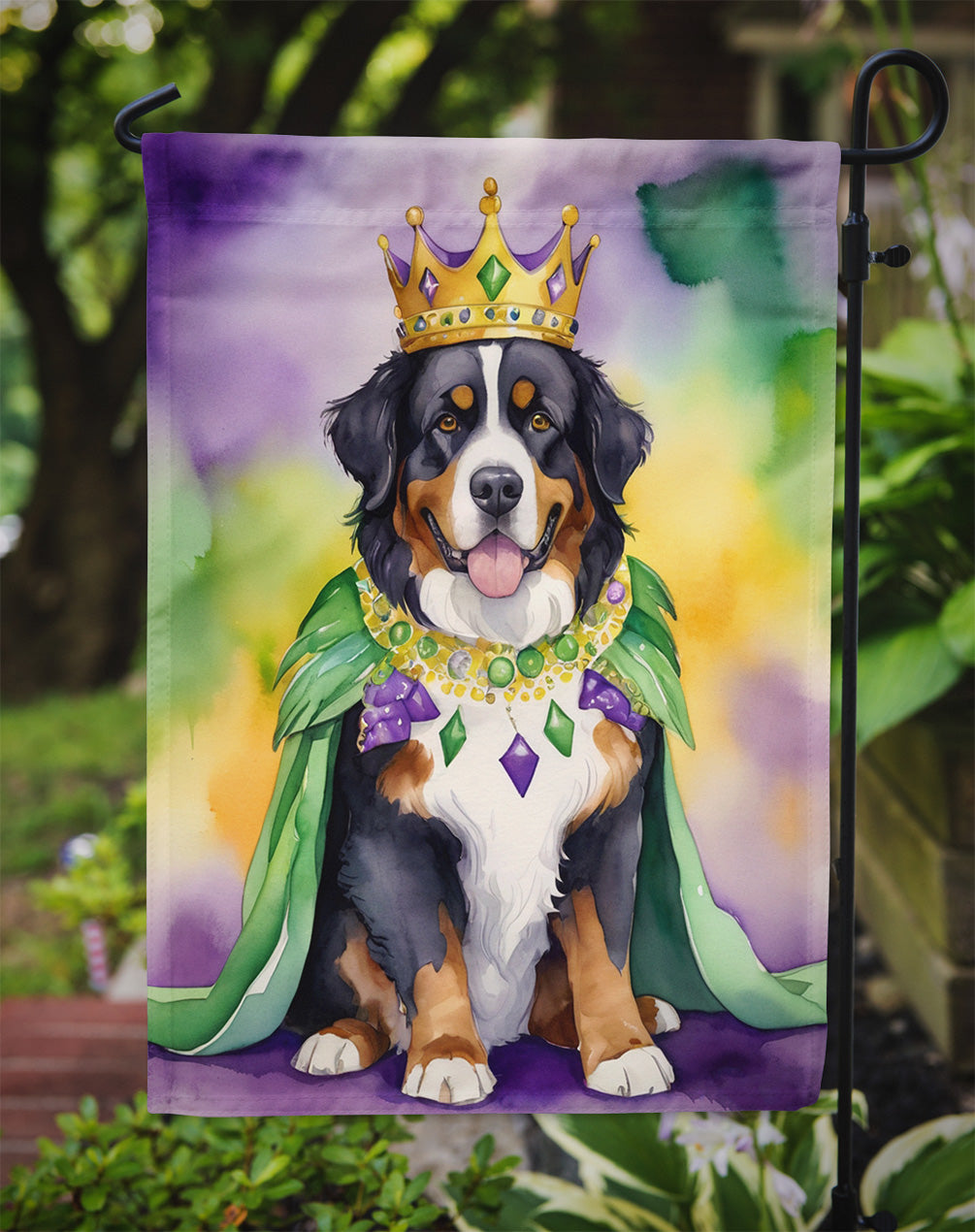Bernese Mountain Dog King of Mardi Gras Garden Flag
