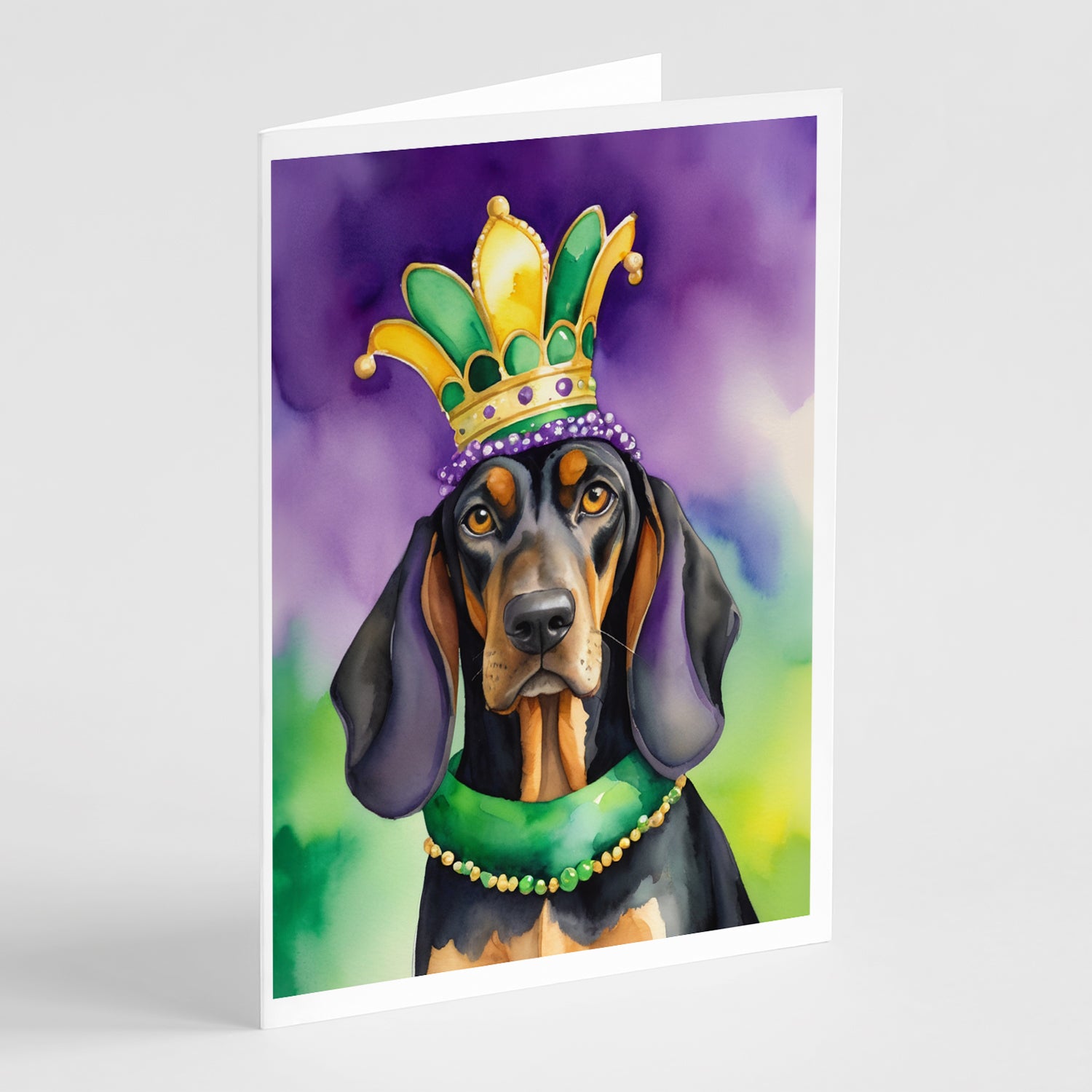 Buy this Black and Tan Coonhound King of Mardi Gras Greeting Cards Pack of 8