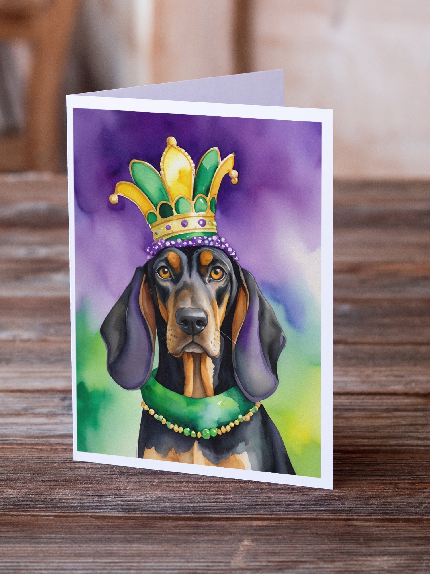Buy this Black and Tan Coonhound King of Mardi Gras Greeting Cards Pack of 8