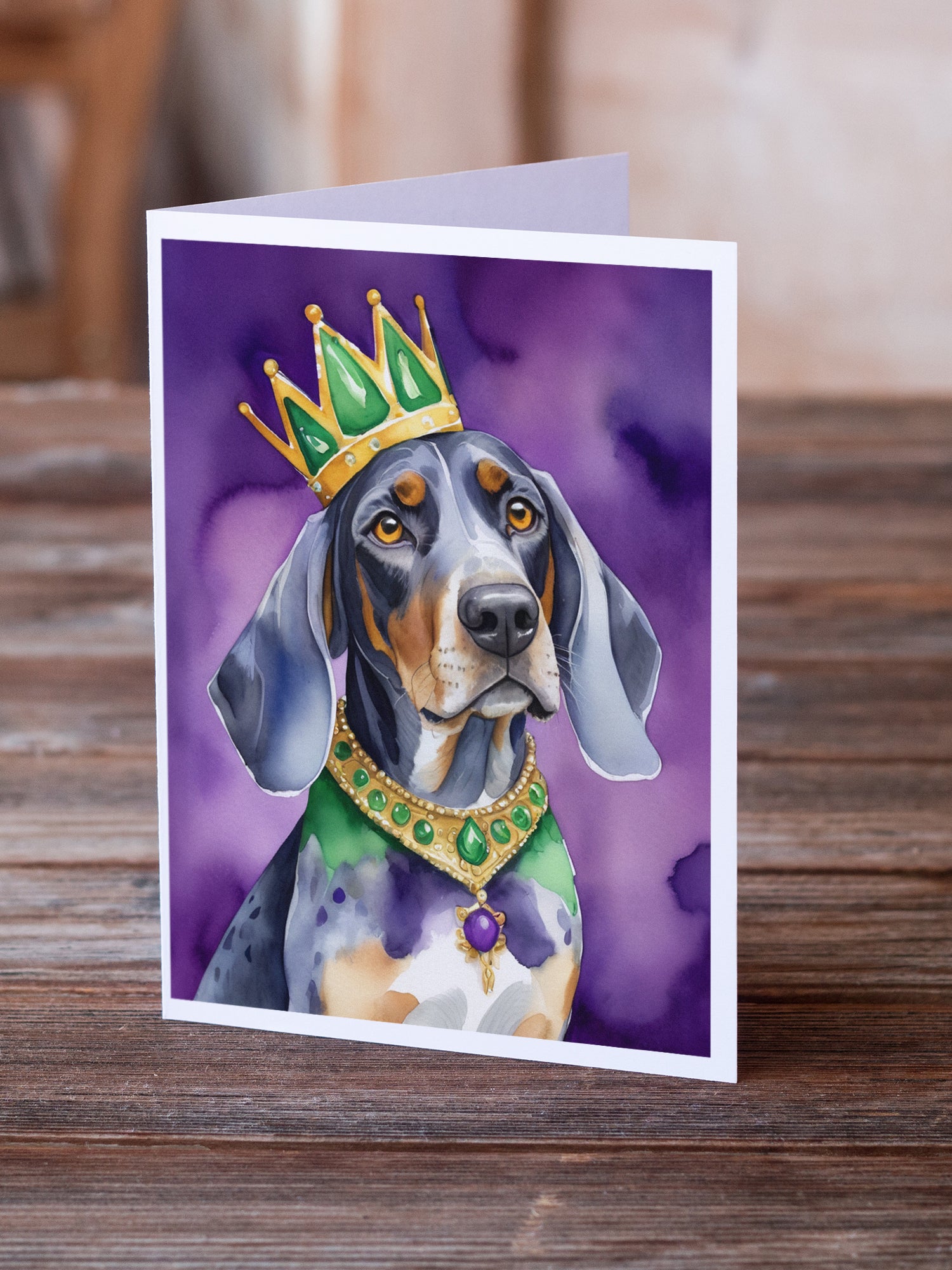 Buy this Bluetick Coonhound King of Mardi Gras Greeting Cards Pack of 8