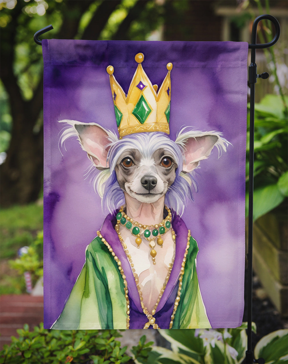 Chinese Crested King of Mardi Gras Garden Flag