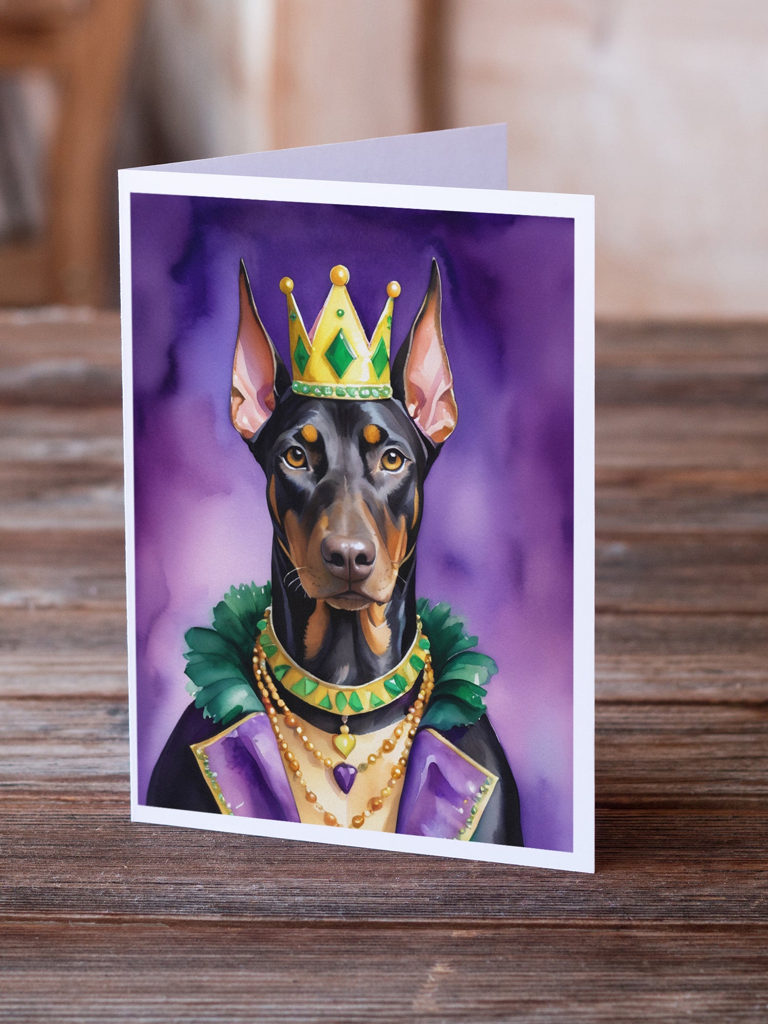 Doberman Pinscher King of Mardi Gras Greeting Cards Pack of 8