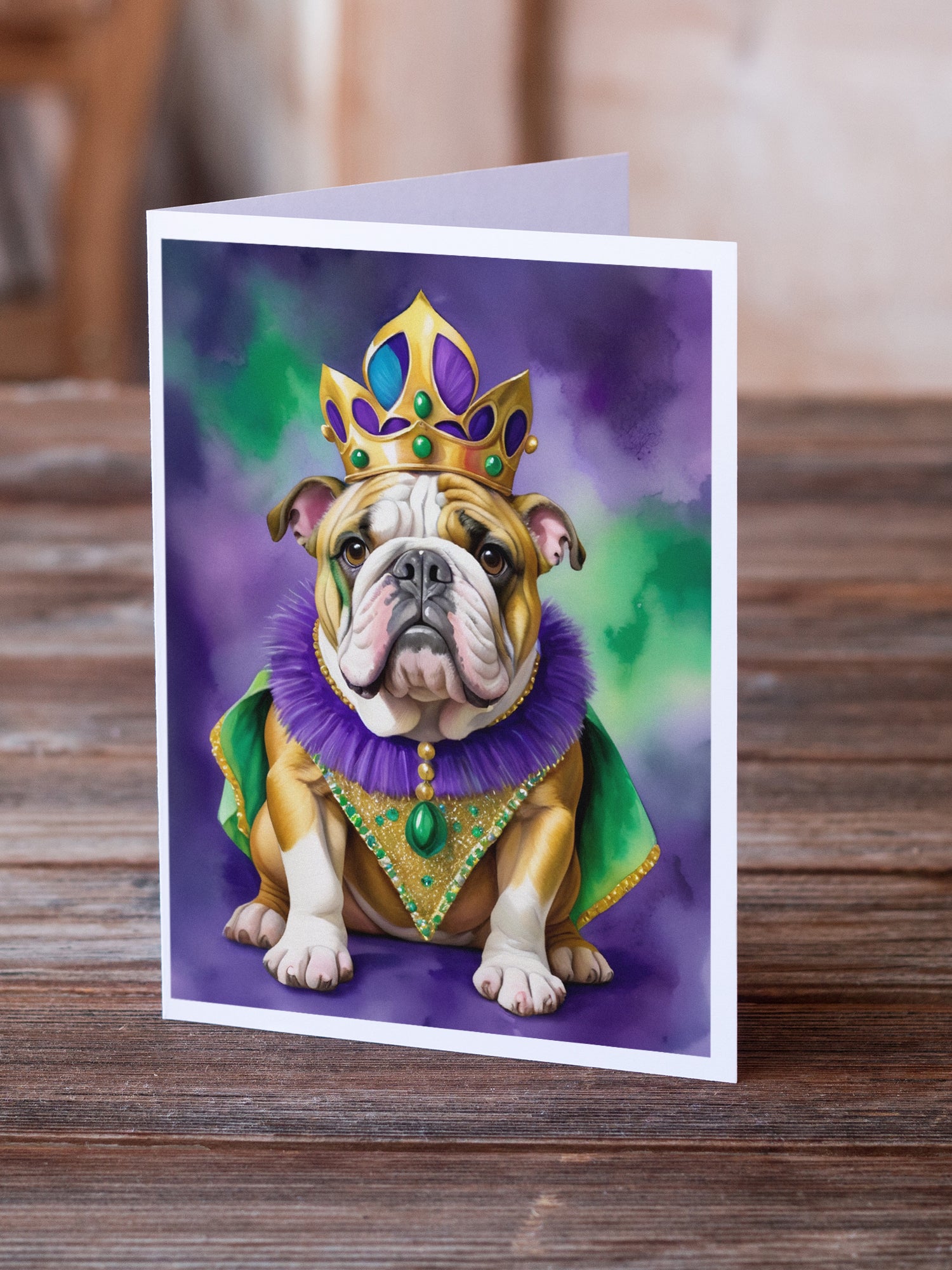 Buy this English Bulldog King of Mardi Gras Greeting Cards Pack of 8