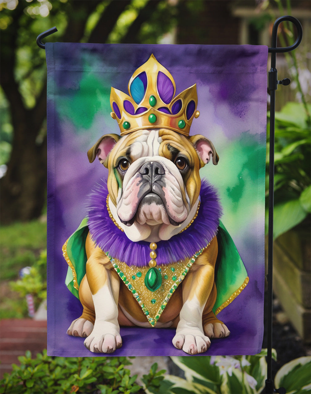 English Bulldog King of Mardi Gras Garden Flag