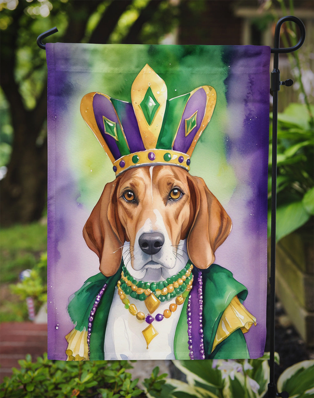 English Foxhound King of Mardi Gras Garden Flag