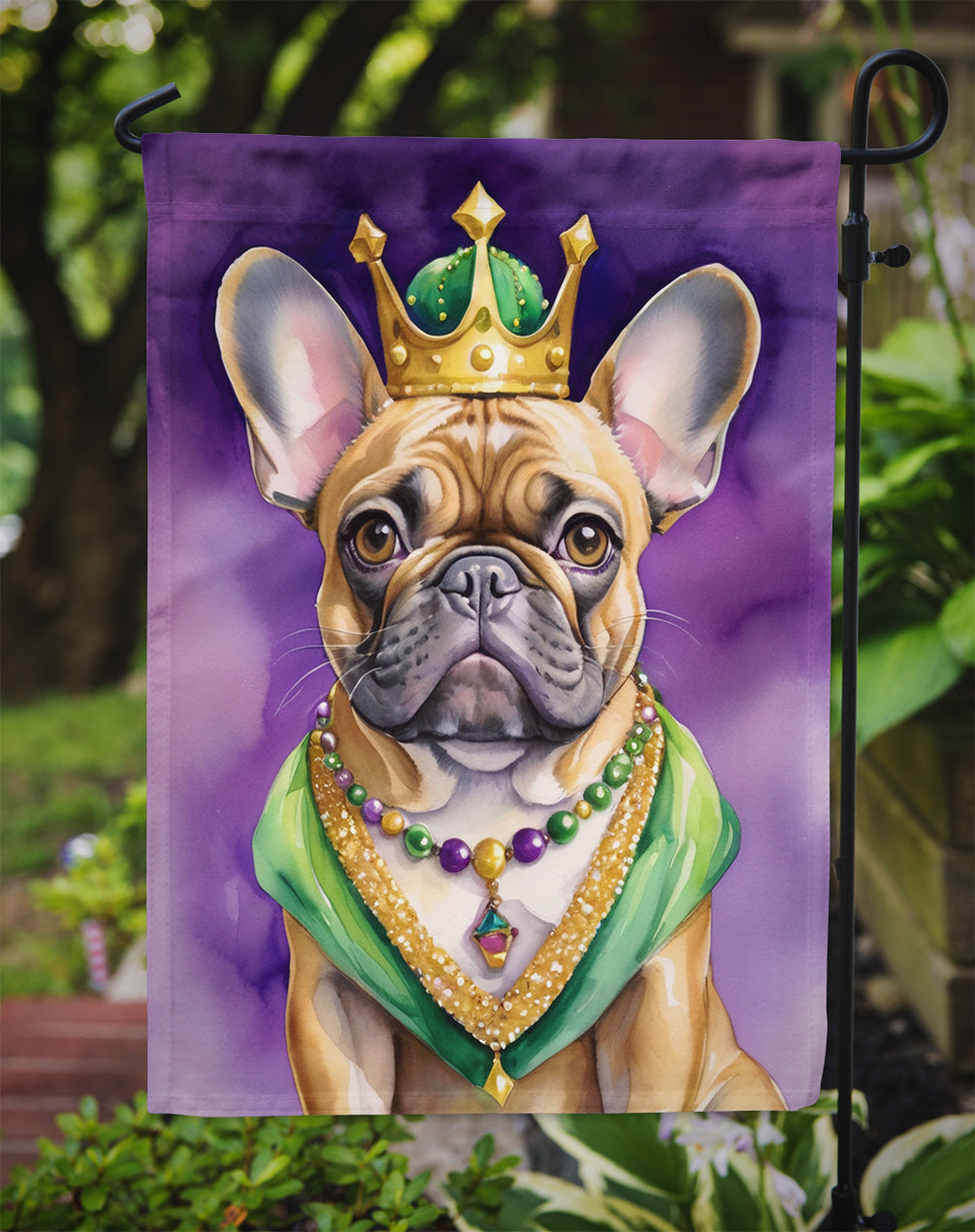 French Bulldog King of Mardi Gras Garden Flag