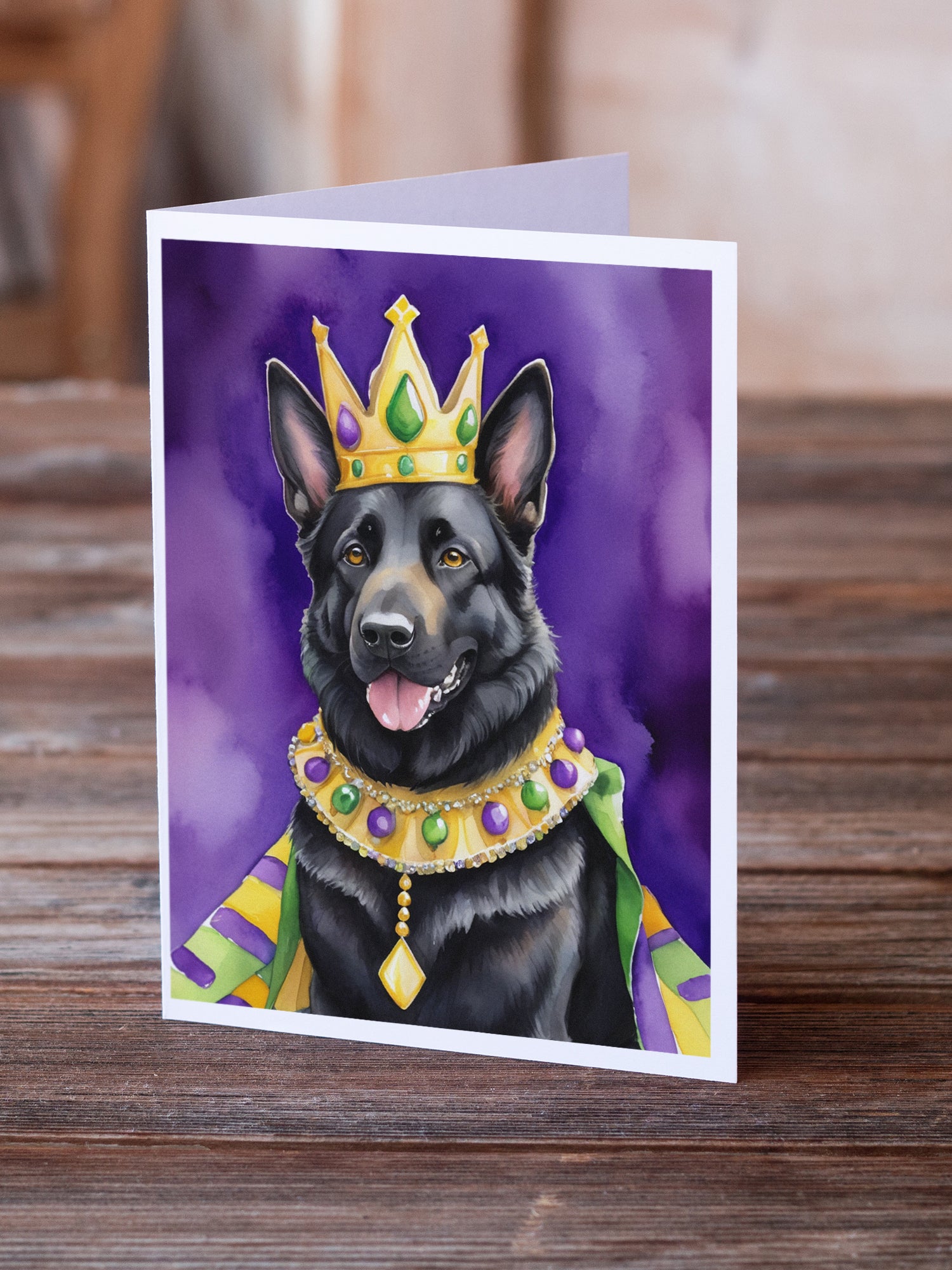 Black German Shepherd King of Mardi Gras Greeting Cards Pack of 8
