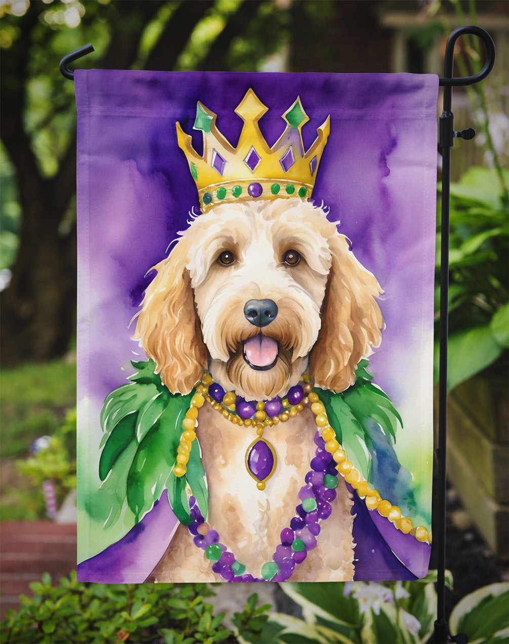 Goldendoodle King of Mardi Gras Garden Flag