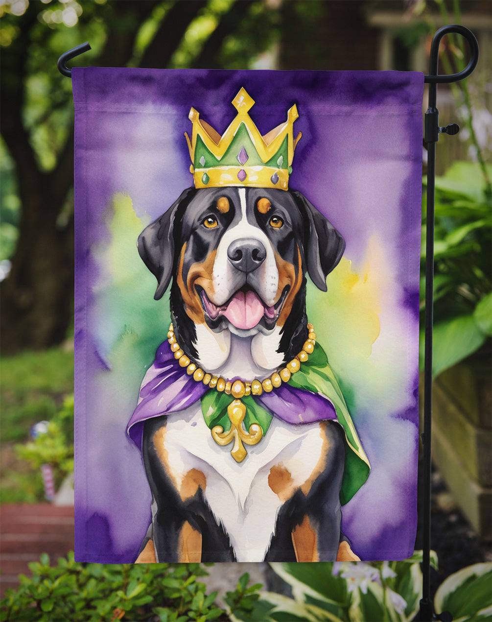 Greater Swiss Mountain Dog King of Mardi Gras Garden Flag