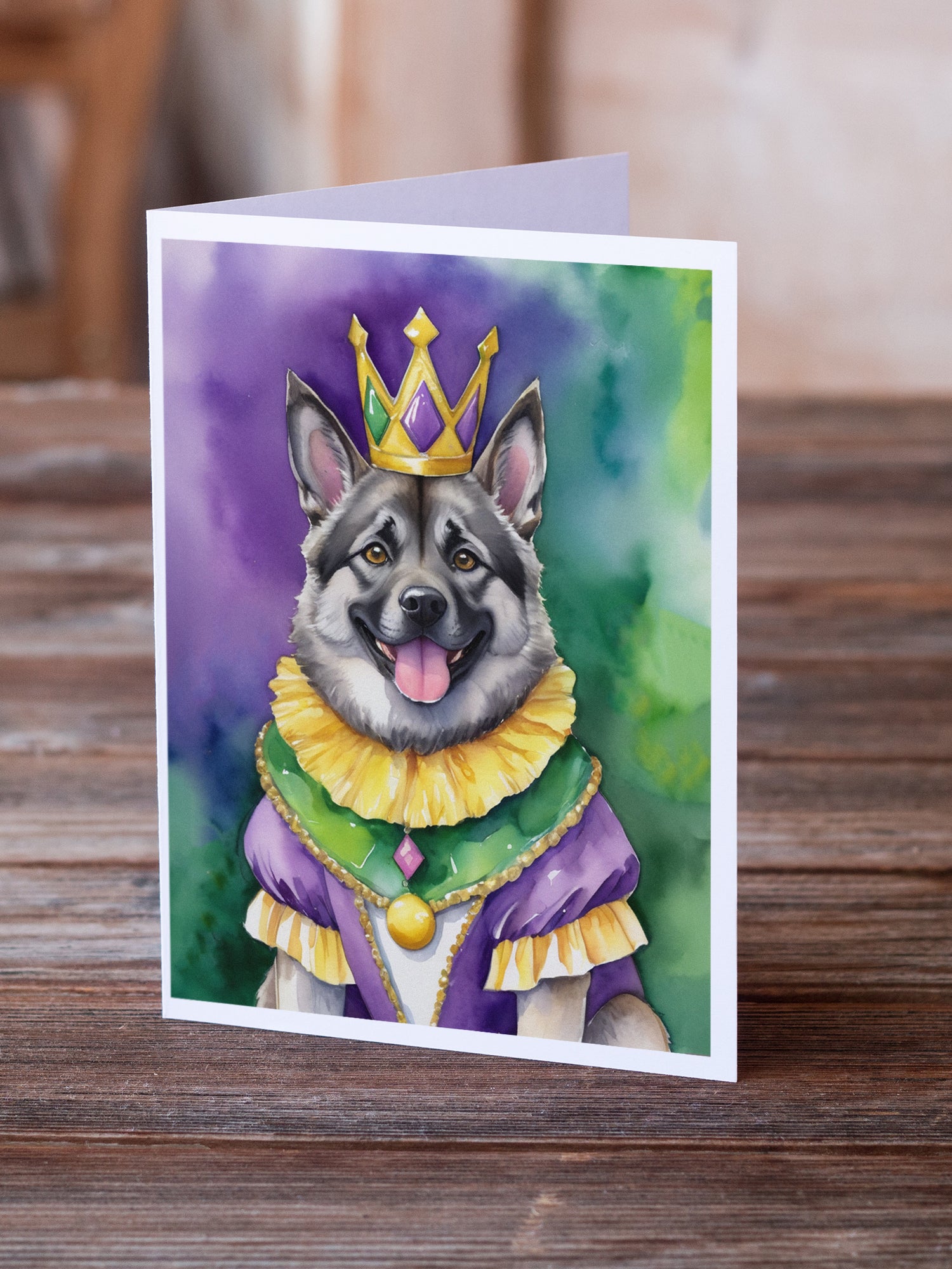 Norwegian Elkhound King of Mardi Gras Greeting Cards Pack of 8