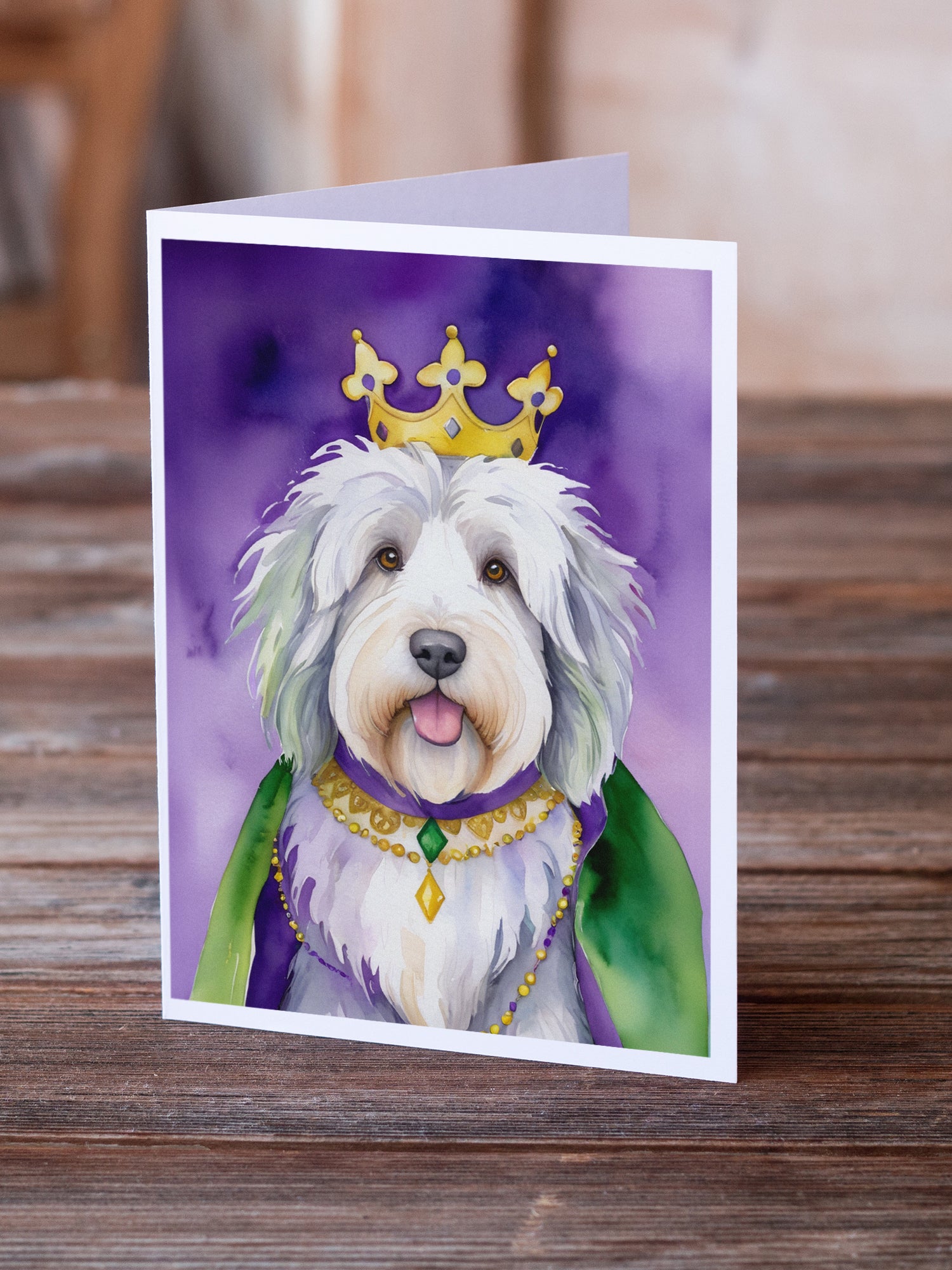 Old English Sheepdog King of Mardi Gras Greeting Cards Pack of 8