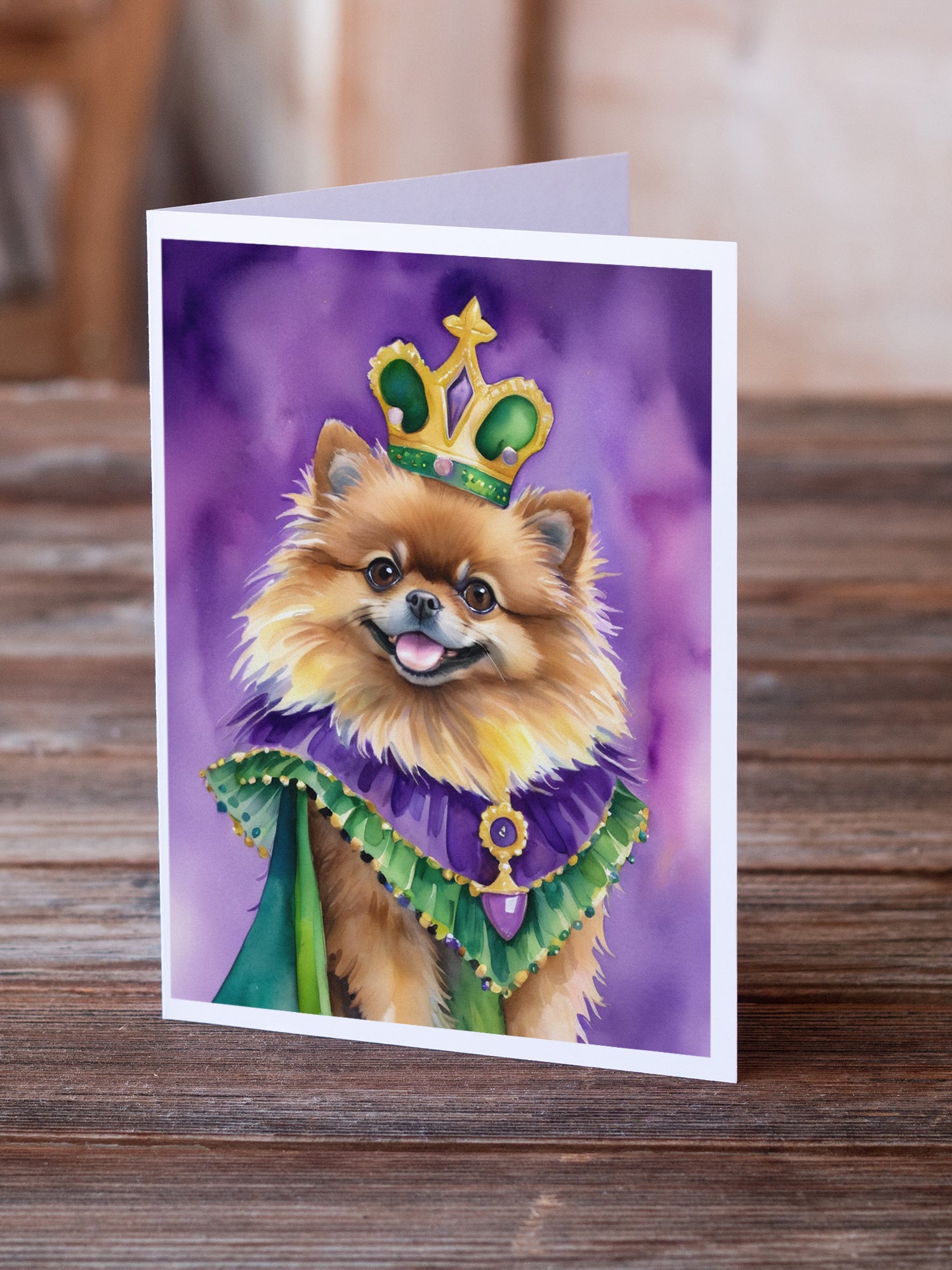 Caroline's Treasures Pomeranian King of Mardi Gras Greeting Cards - Blank Note Cards – 8-Pack of Artist-Designed Cards with Envelopes