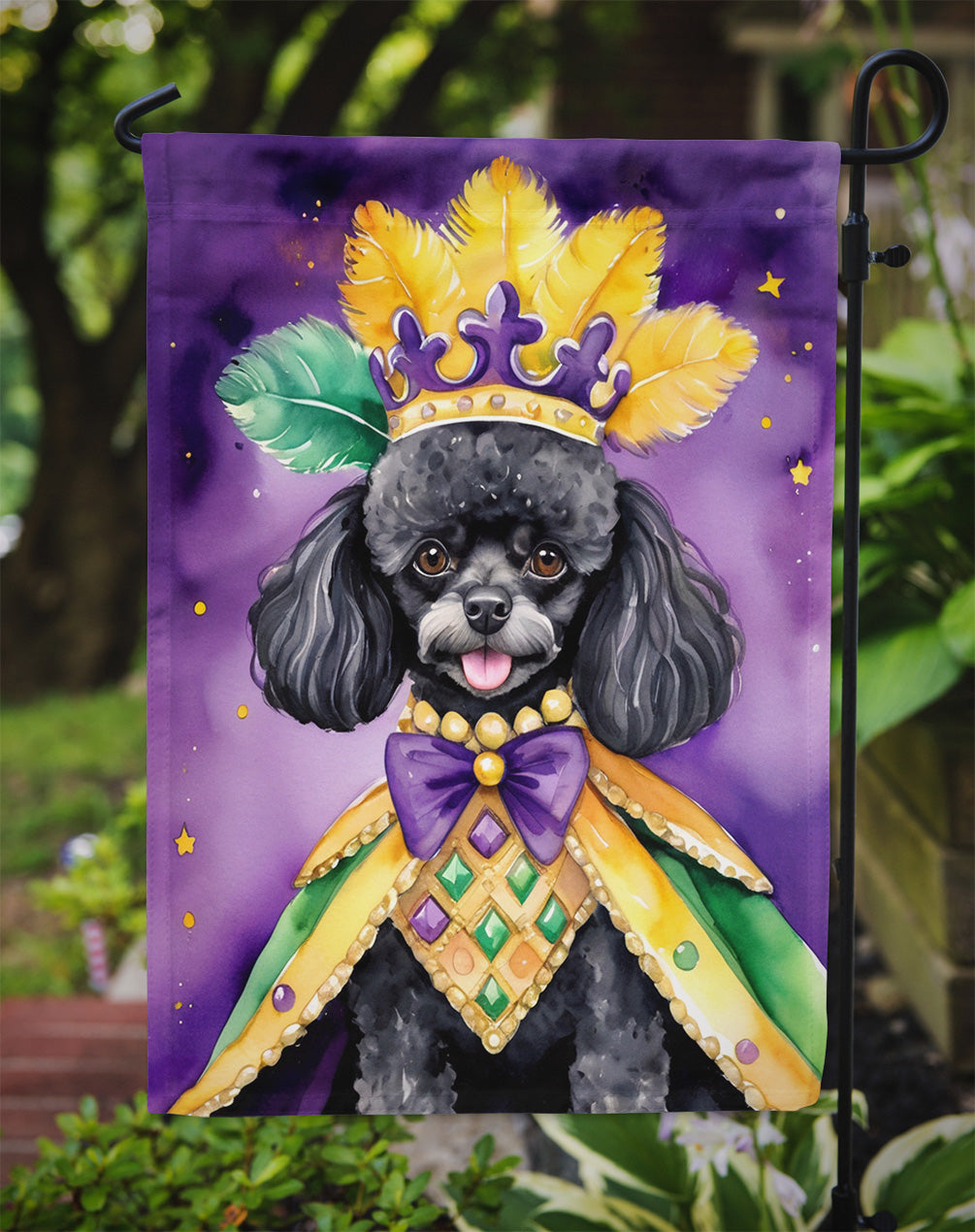 Black Poodle King of Mardi Gras Garden Flag