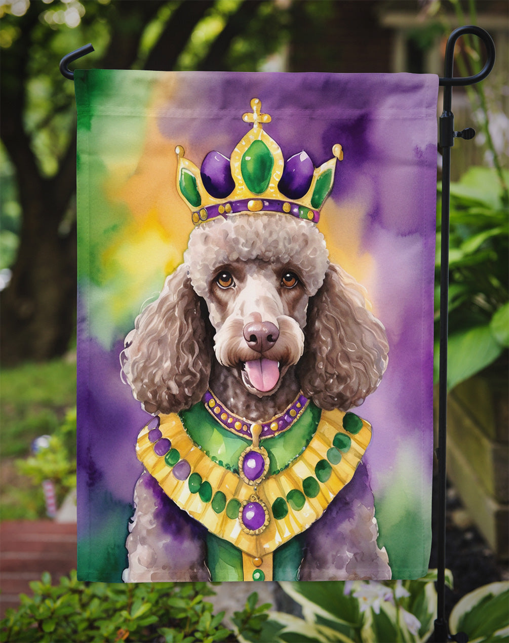Chocolate Poodle King of Mardi Gras Garden Flag