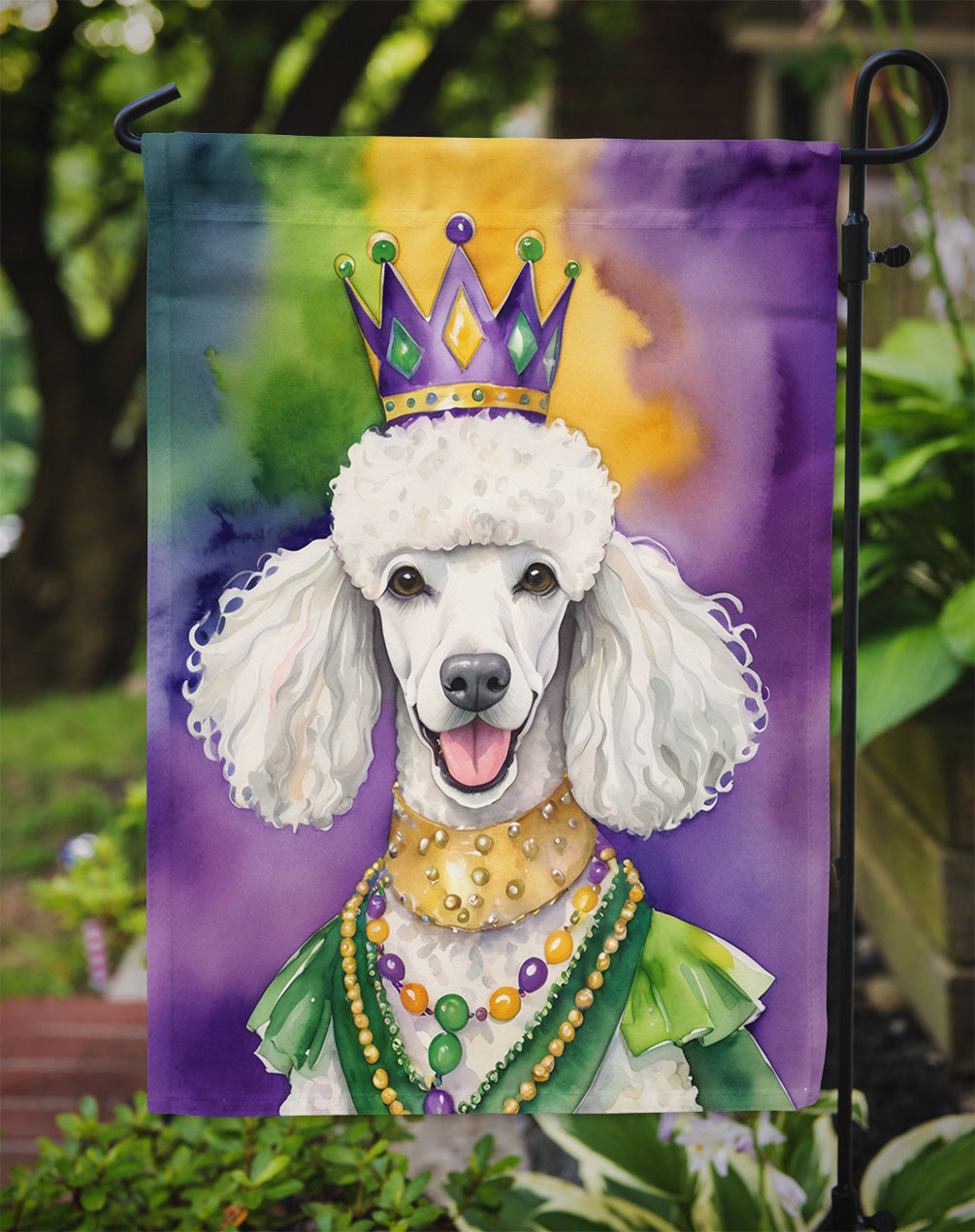 White Poodle King of Mardi Gras Garden Flag