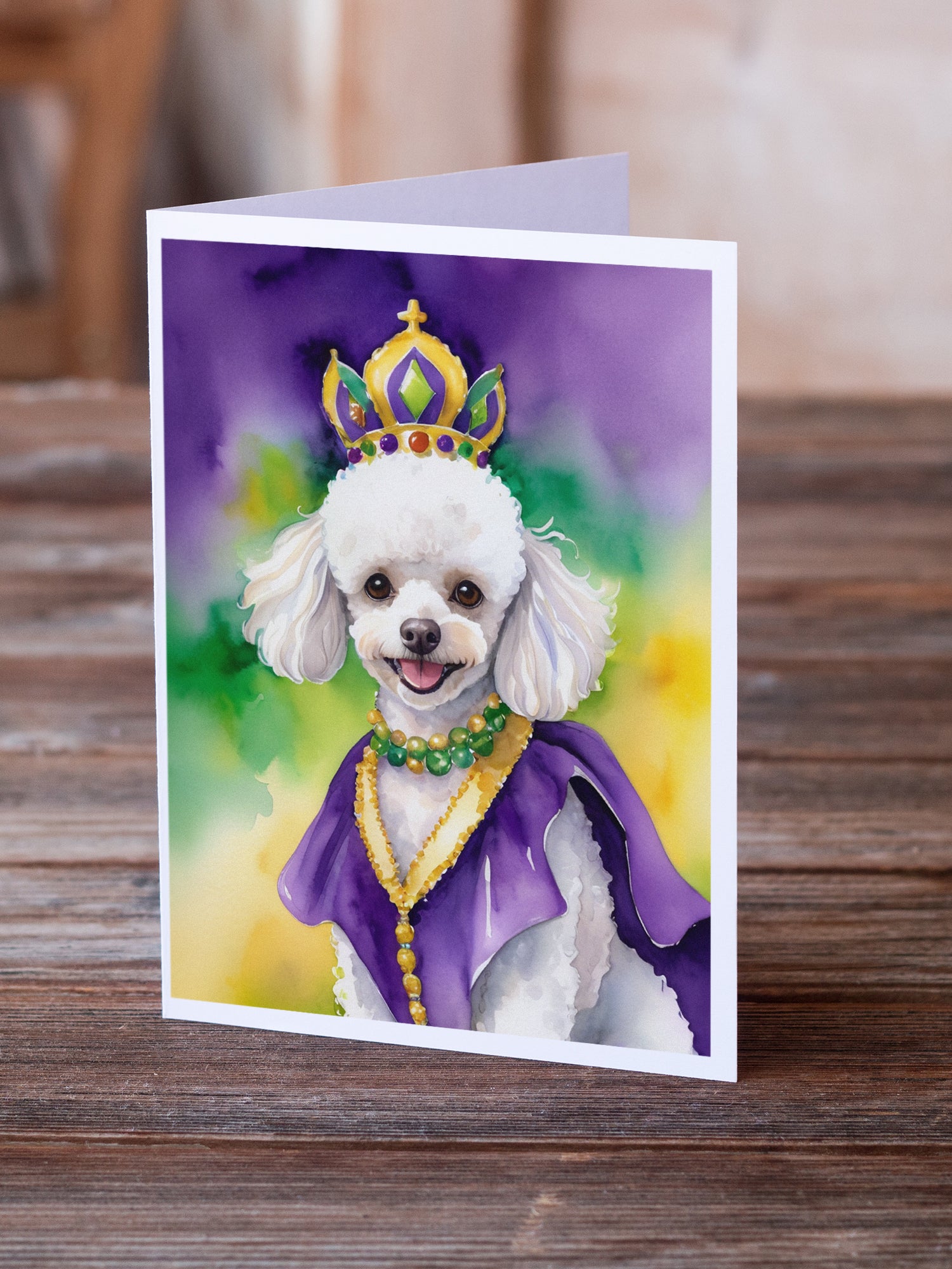 White Poodle King of Mardi Gras Greeting Cards Pack of 8