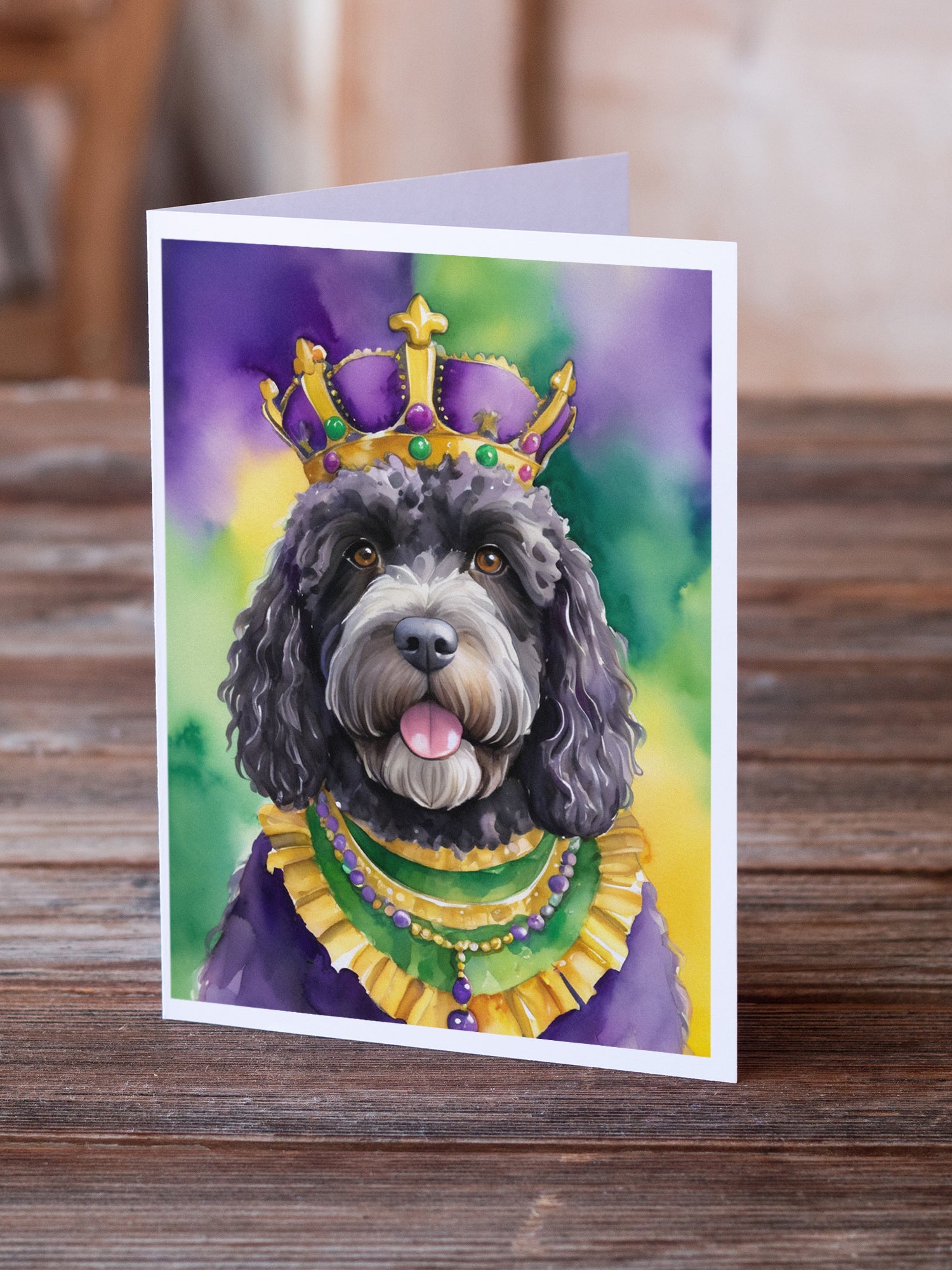 Portuguese Water Dog King of Mardi Gras Greeting Cards Pack of 8