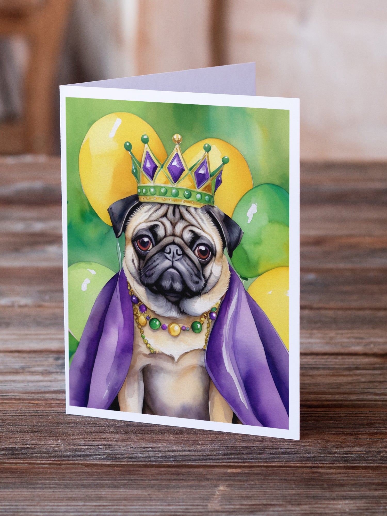 Pug King of Mardi Gras Greeting Cards Pack of 8