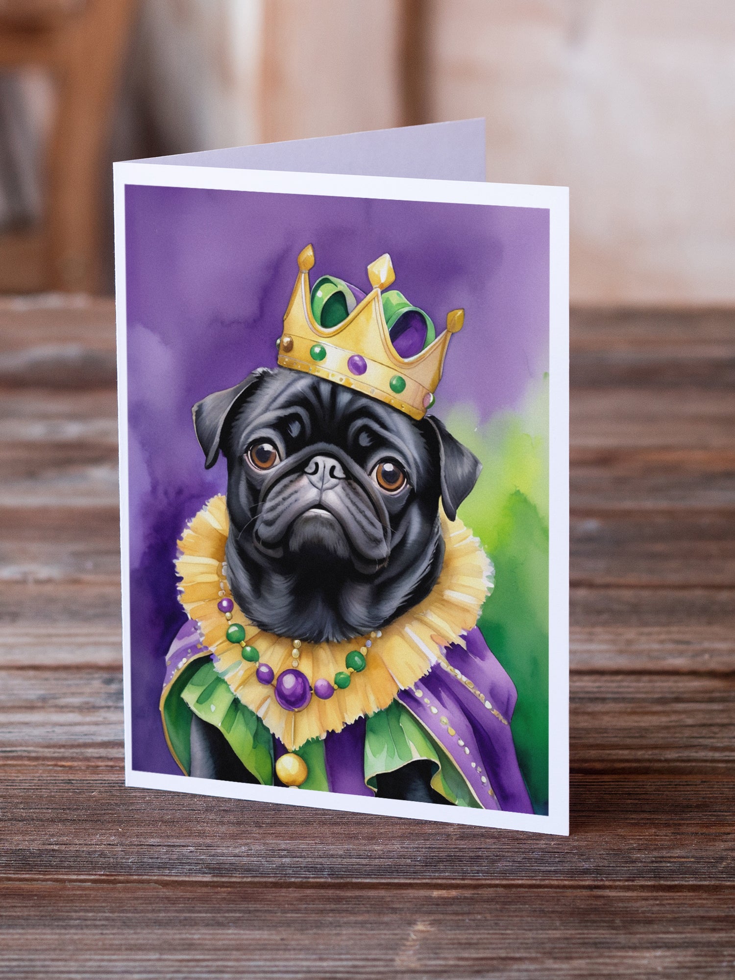 Buy this Black Pug King of Mardi Gras Greeting Cards Pack of 8