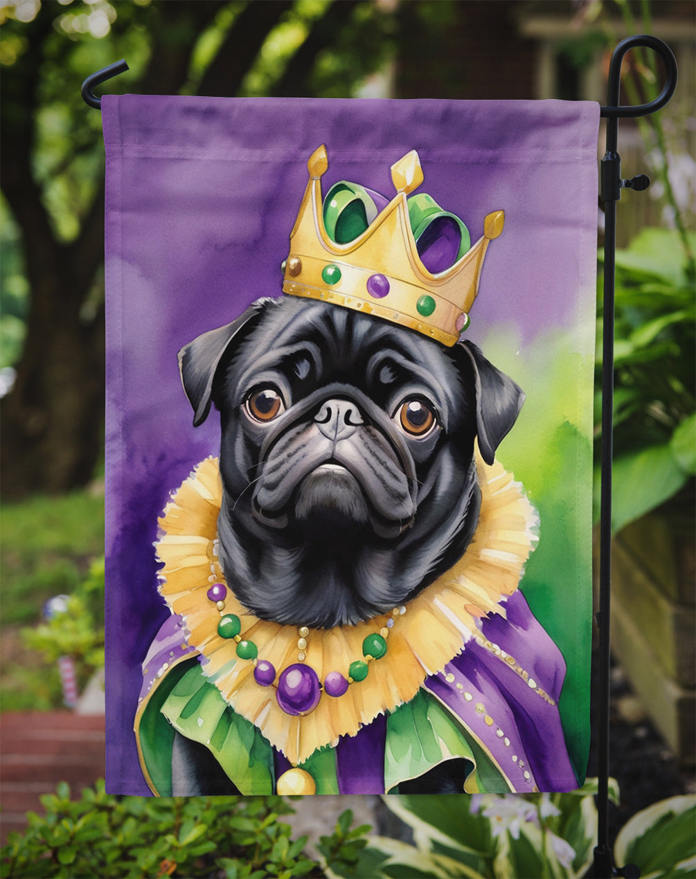 Black Pug King of Mardi Gras Garden Flag
