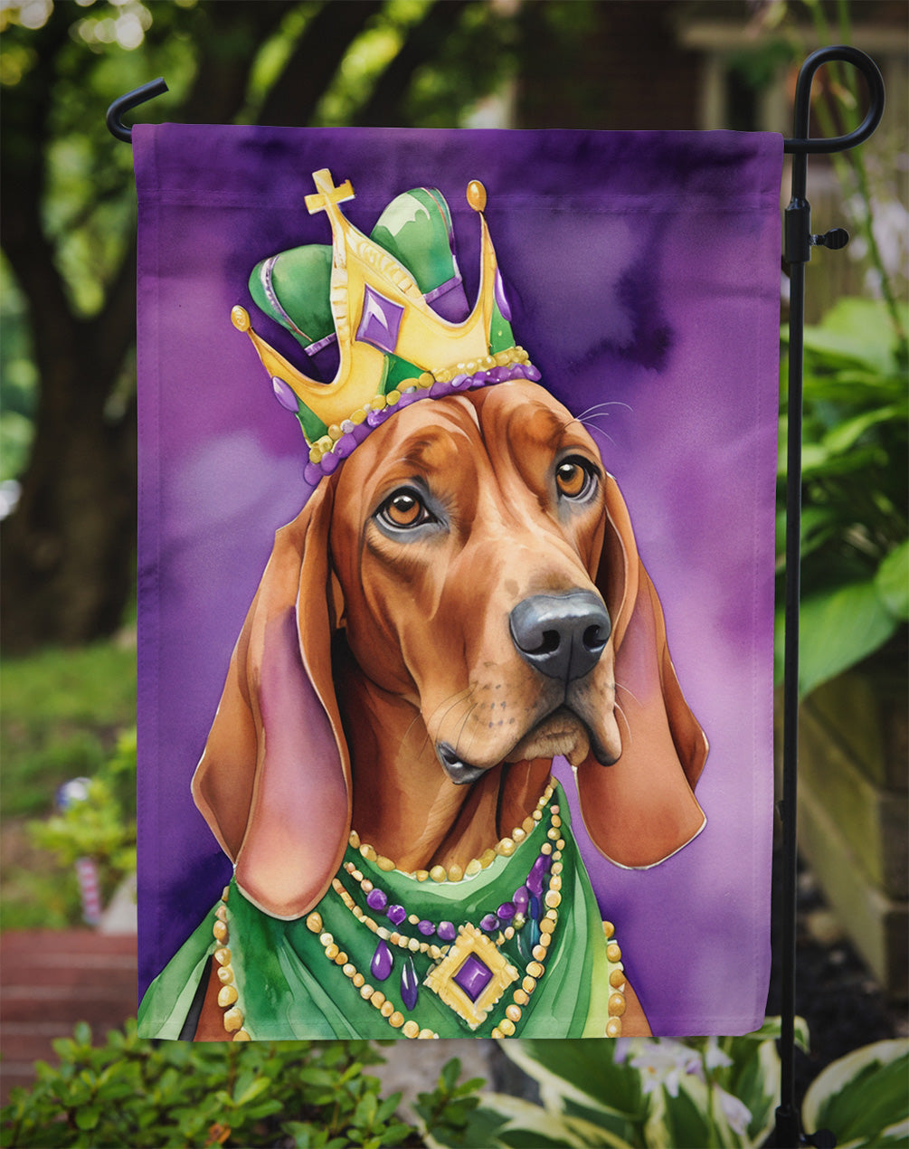 Redbone Coonhound King of Mardi Gras Garden Flag