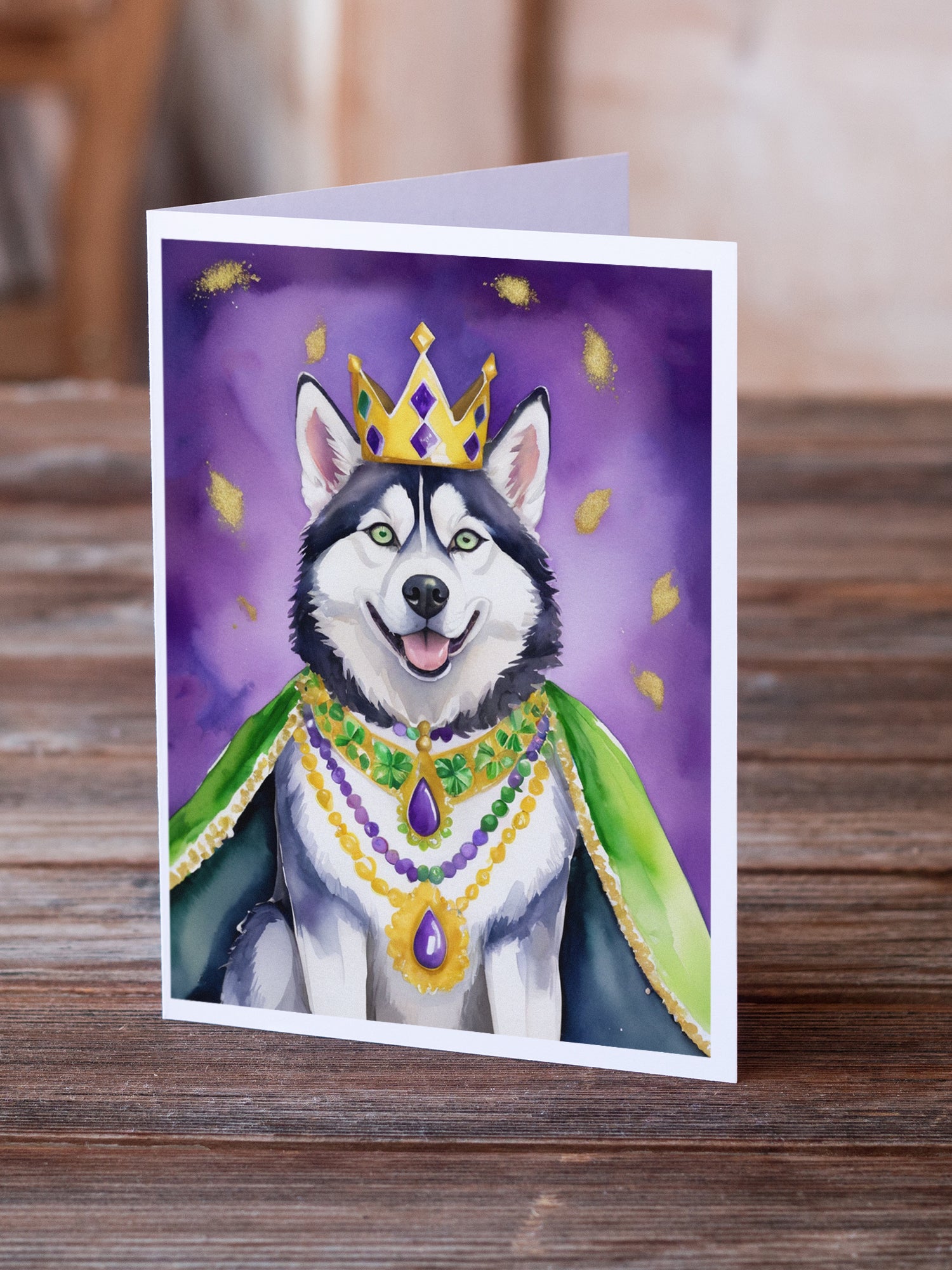 Siberian Husky King of Mardi Gras Greeting Cards Pack of 8