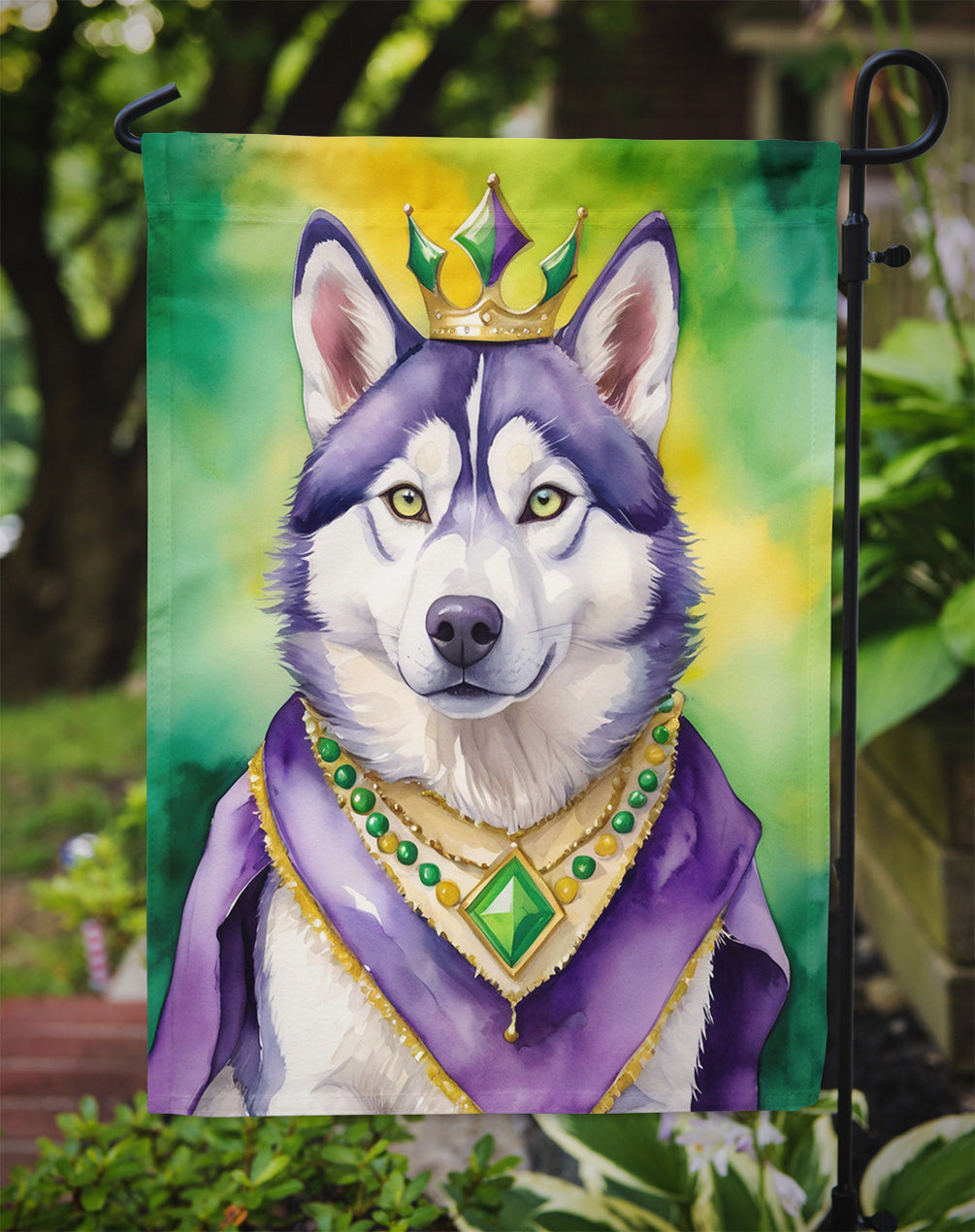 Siberian Husky King of Mardi Gras Garden Flag