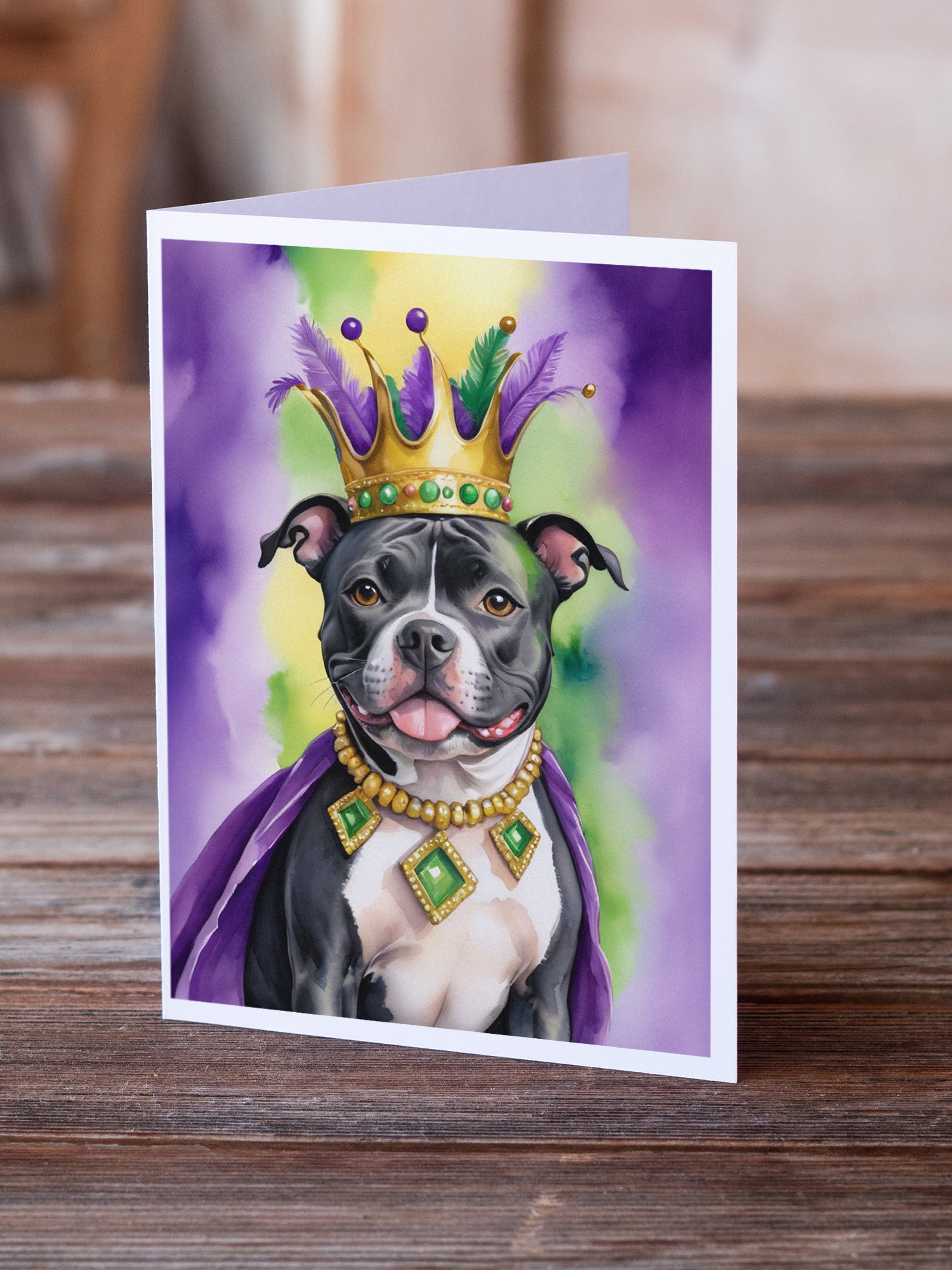 Buy this Staffordshire Bull Terrier King of Mardi Gras Greeting Cards Pack of 8
