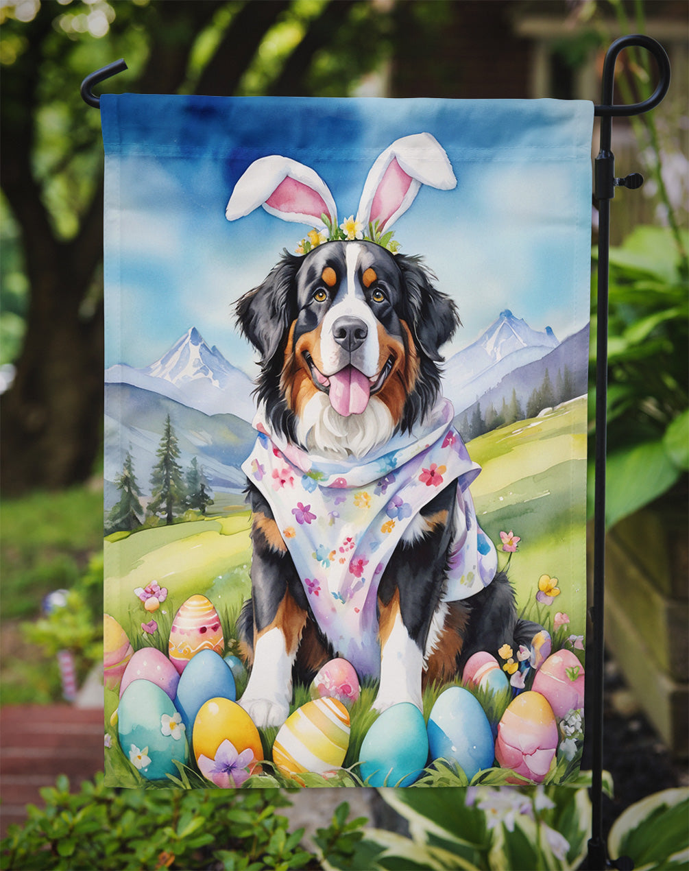 Bernese Mountain Dog Easter Egg Hunt Garden Flag