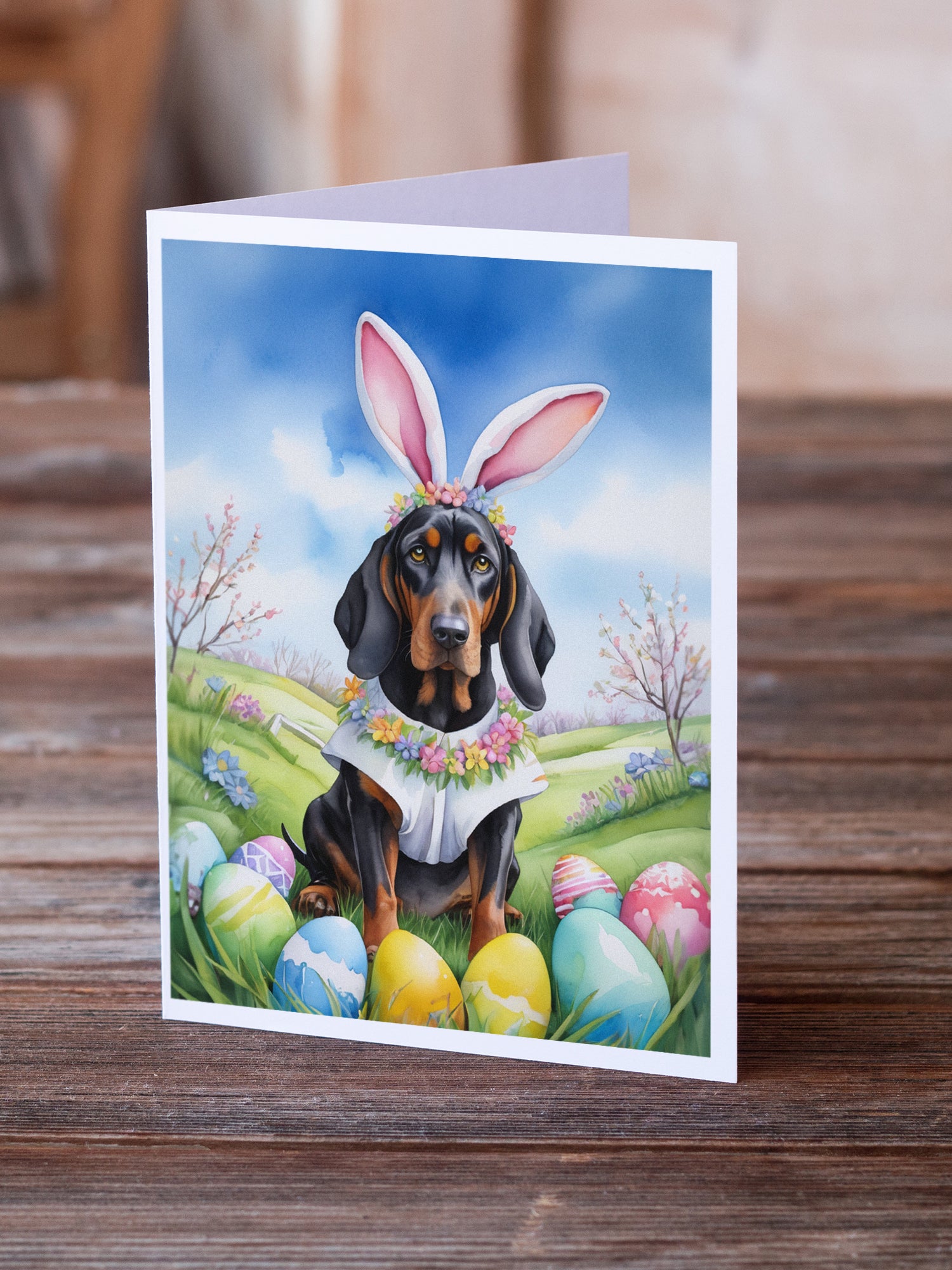 Buy this Black and Tan Coonhound Easter Egg Hunt Greeting Cards Pack of 8