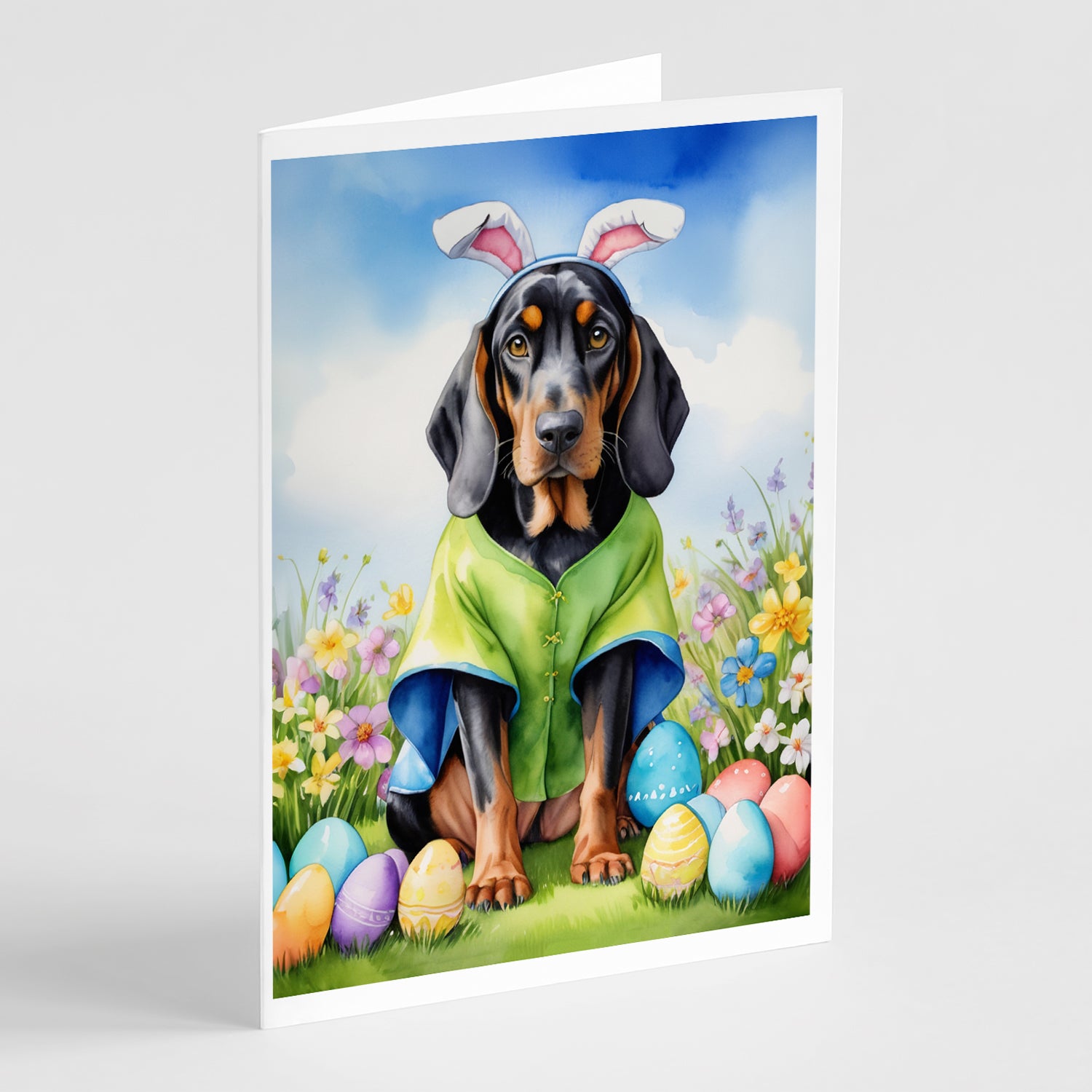 Buy this Black and Tan Coonhound Easter Egg Hunt Greeting Cards Pack of 8