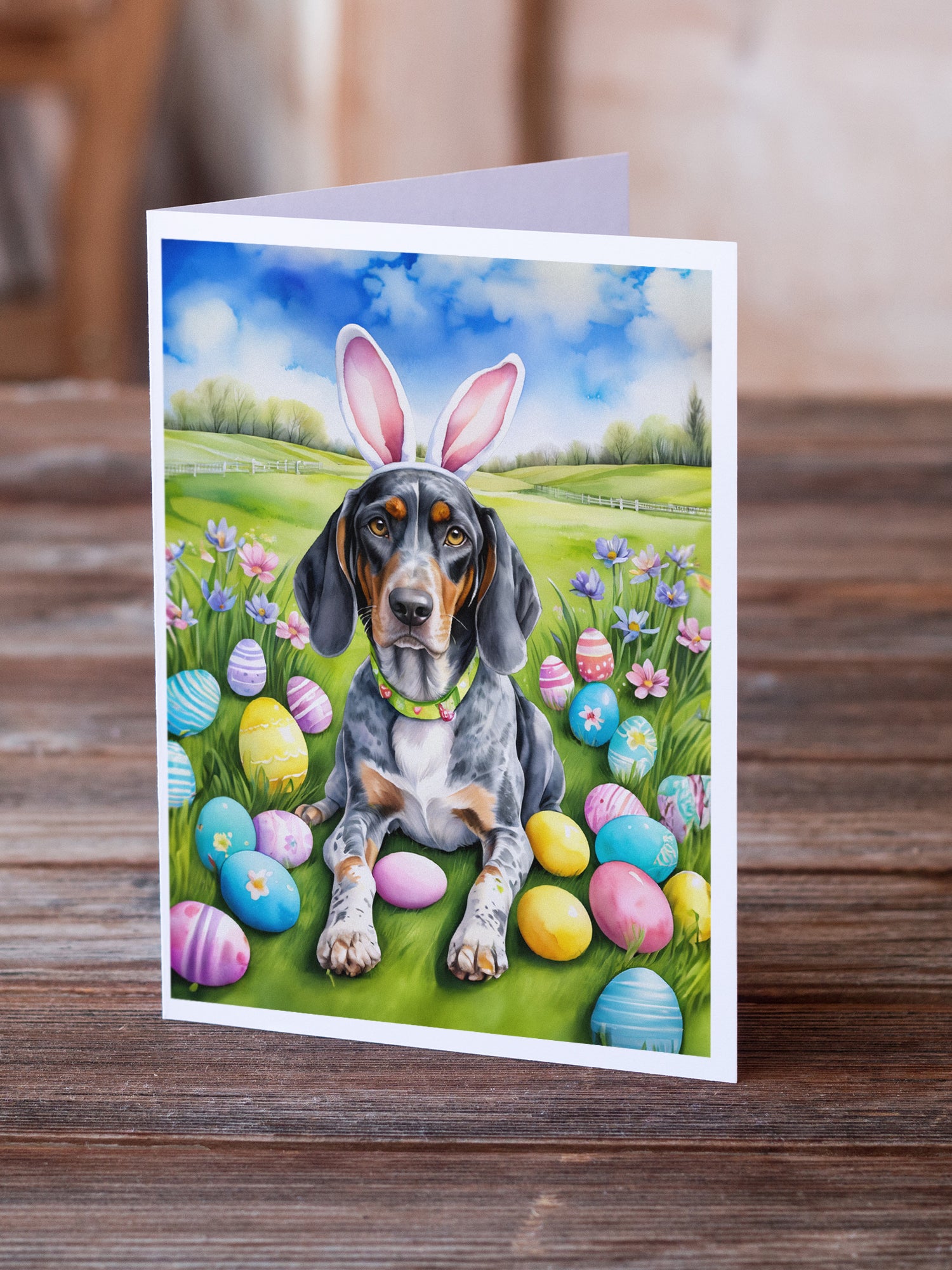 Buy this Bluetick Coonhound Easter Egg Hunt Greeting Cards Pack of 8