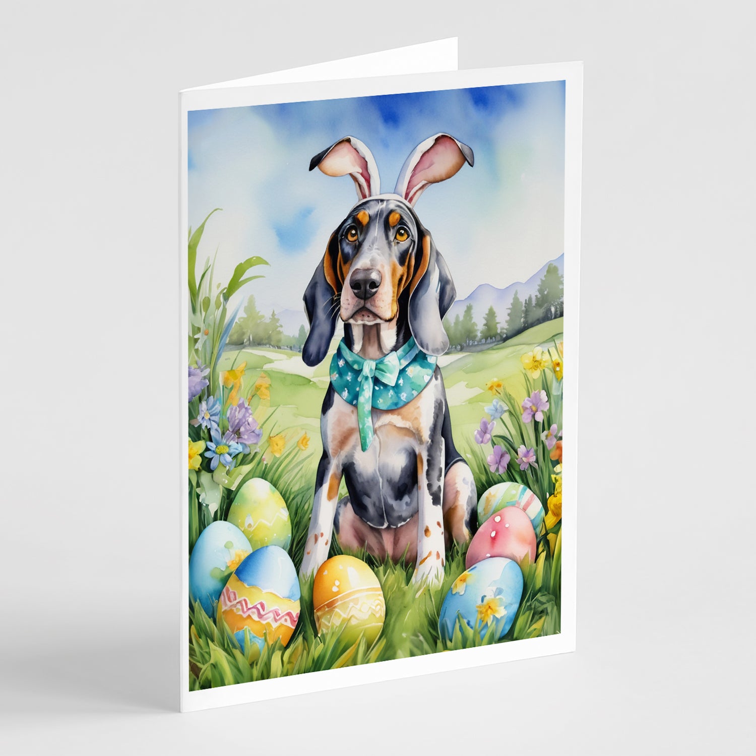 Buy this Bluetick Coonhound Easter Egg Hunt Greeting Cards Pack of 8