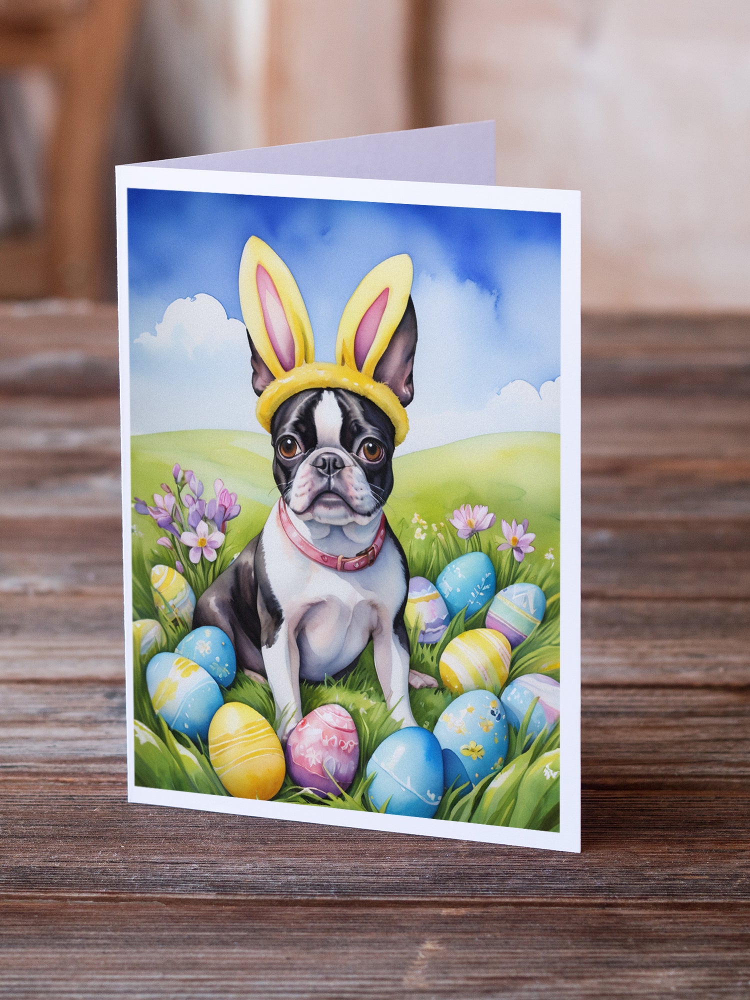 Boston Terrier Easter Egg Hunt Greeting Cards Pack of 8