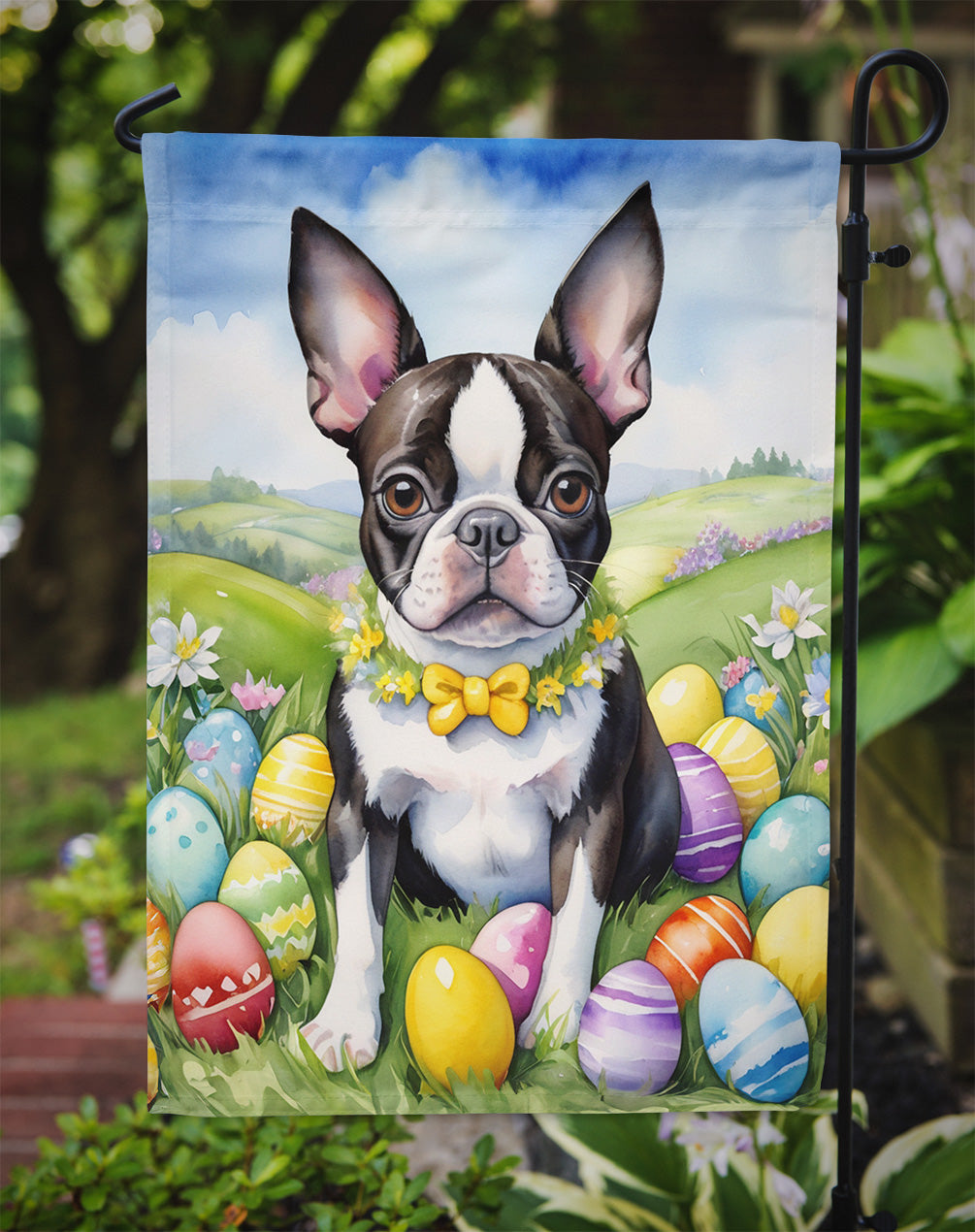 Boston Terrier Easter Egg Hunt Garden Flag