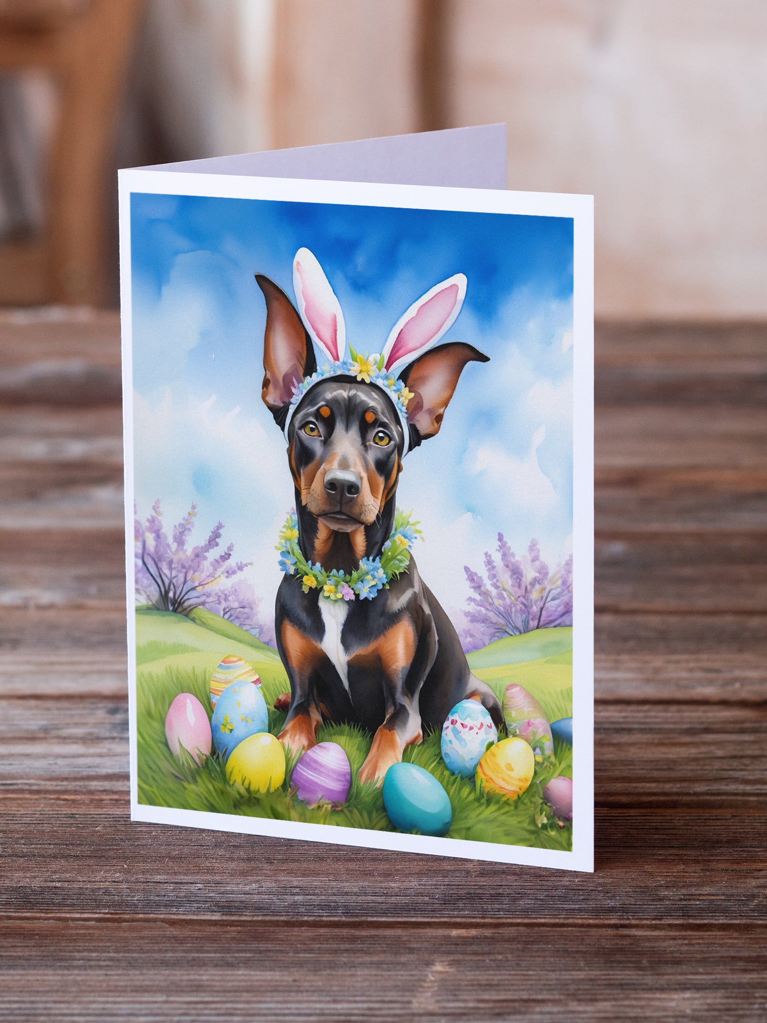 Buy this Doberman Pinscher Easter Egg Hunt Greeting Cards Pack of 8