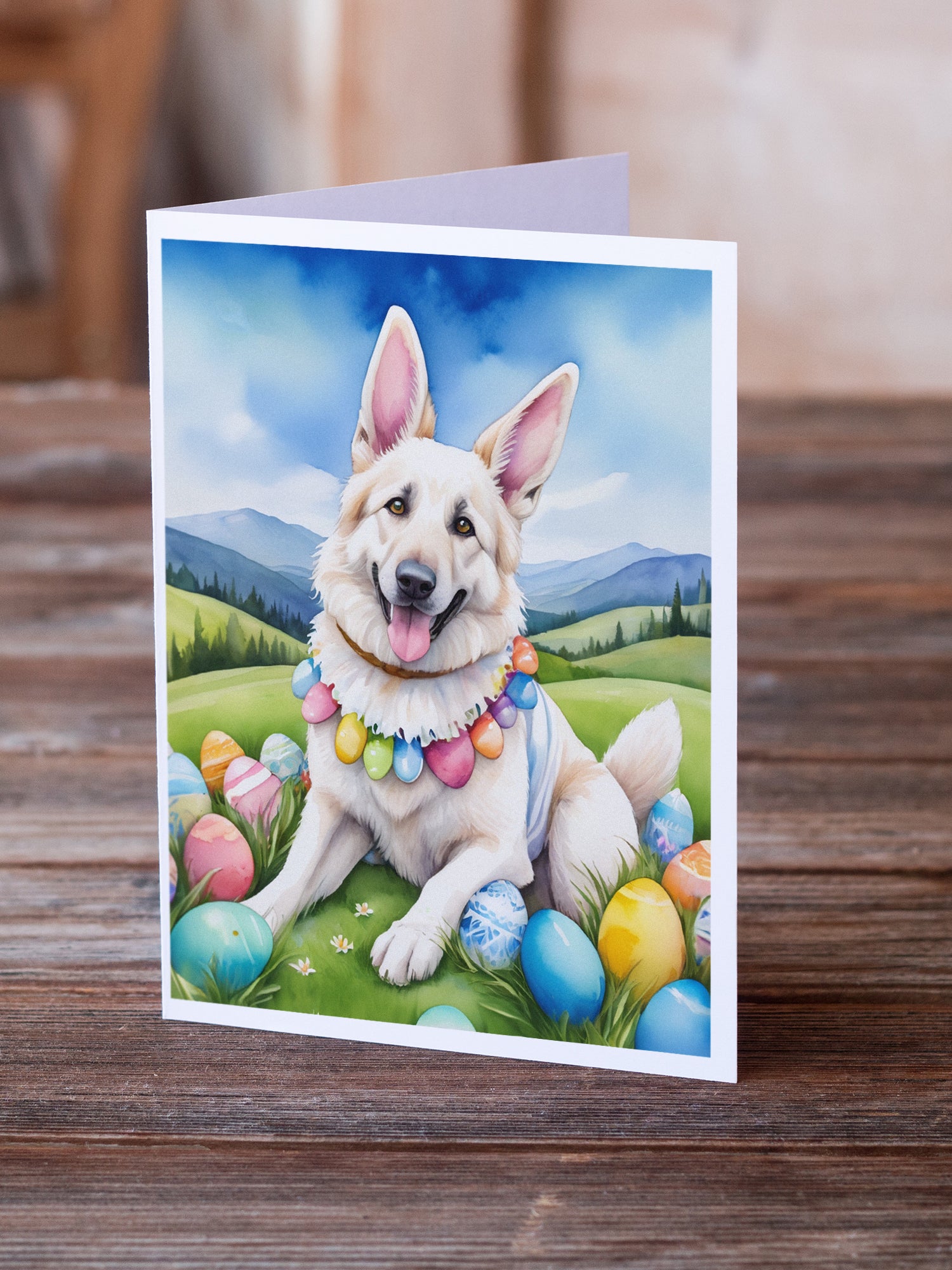 White German Shepherd Easter Egg Hunt Greeting Cards Pack of 8
